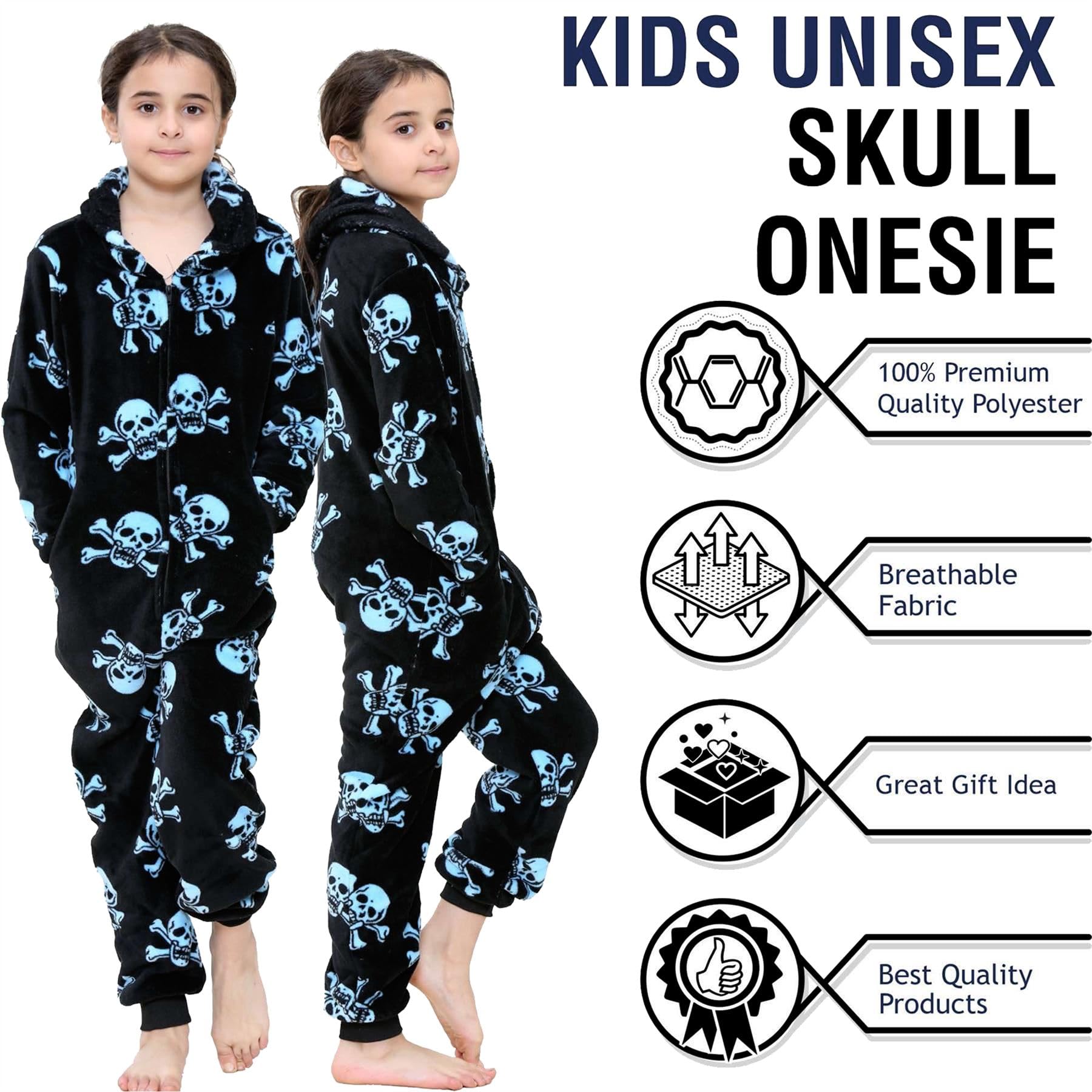 **A2Z 4 Kids Fun Halloween Skull & Bones Print Onesie - Black & Multi Color Pajama Sets for Boys & Girls (2-13 Years) - Cozy Sleepwear for Trick-or-Treating & Halloween Parties**