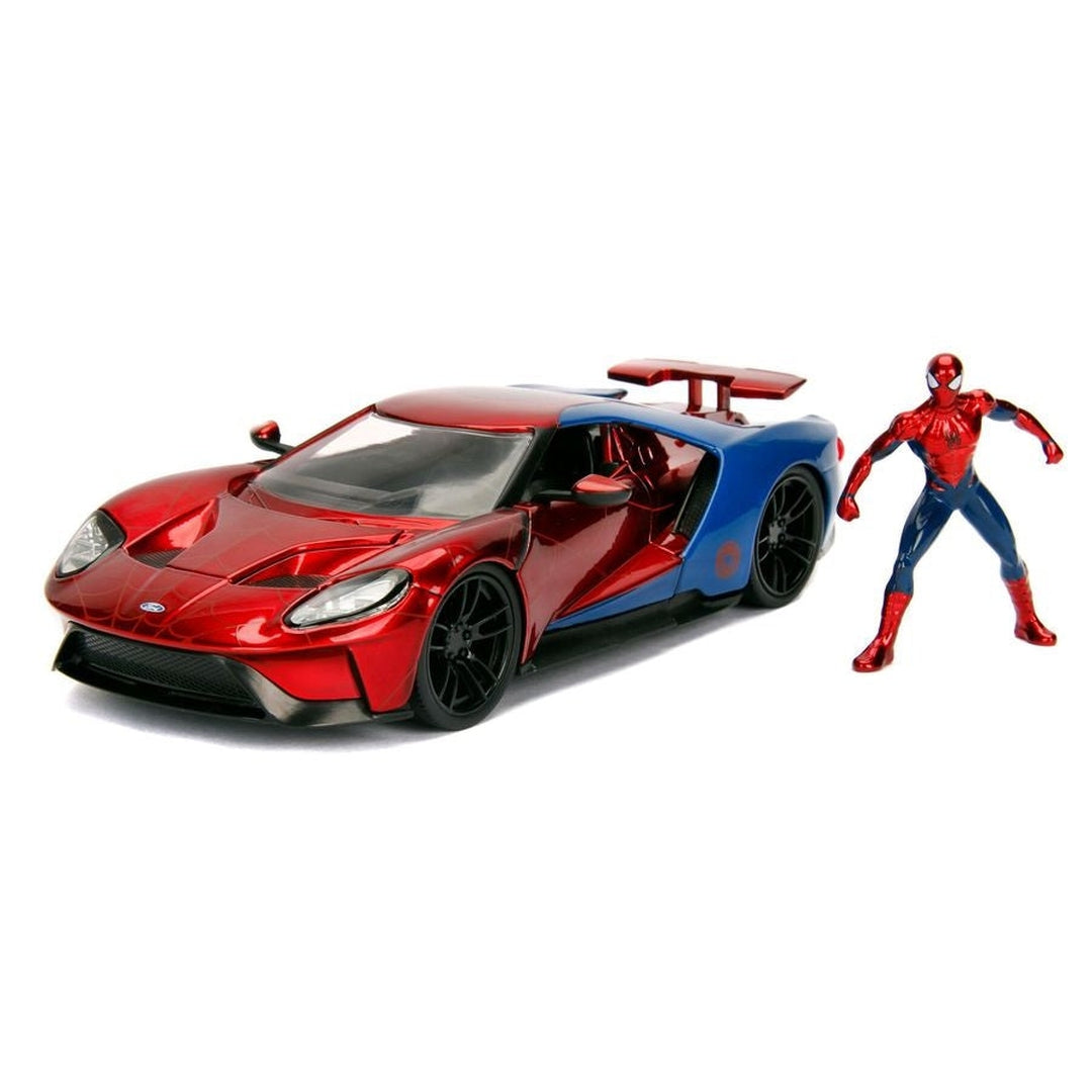 1:24 Scale 2017 Ford GT Diecast Model Car with Spiderman Figure - Collectible Toy for Marvel Fans, Kids Gift, Display & Play