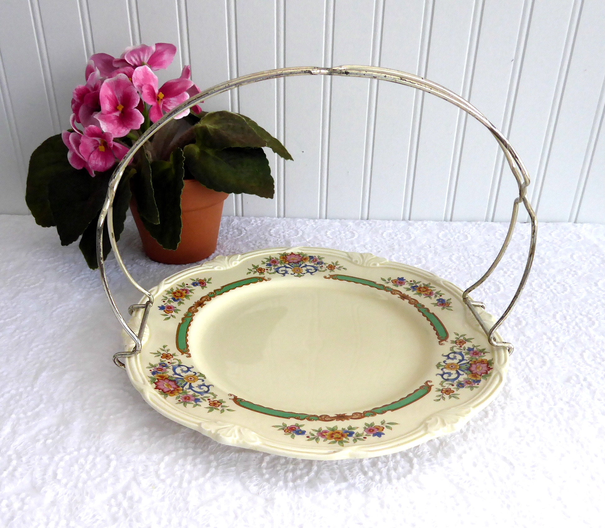 Vintage 1940s Grindley Weymouth Floral Serving Plate with Silver Handle - Elegant Petit Fours & Tidbit Server for Afternoon Tea, Bridal Showers & Vintage Tableware Collectors