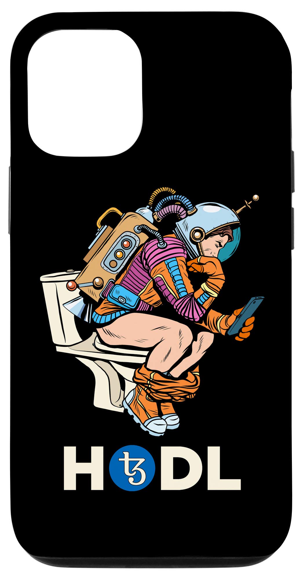 iPhone 12/12 Pro Crypto Case - Tezos XTZ HODL Space Man Design - Funny Toilet Scene Phone Cover for Cryptocurrency Enthusiasts | Perfect for Crypto Trading, Meme Lovers & Gift Giving