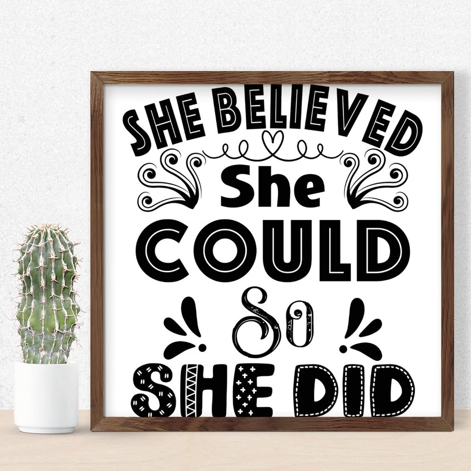 Inspirational Wooden Wall Sign - 'She Believed She Could So She Did' - 12x12in Home Decor for Bedroom, Kitchen & Dining Room - Perfect Housewarming Gift for Motivation & Encouragement