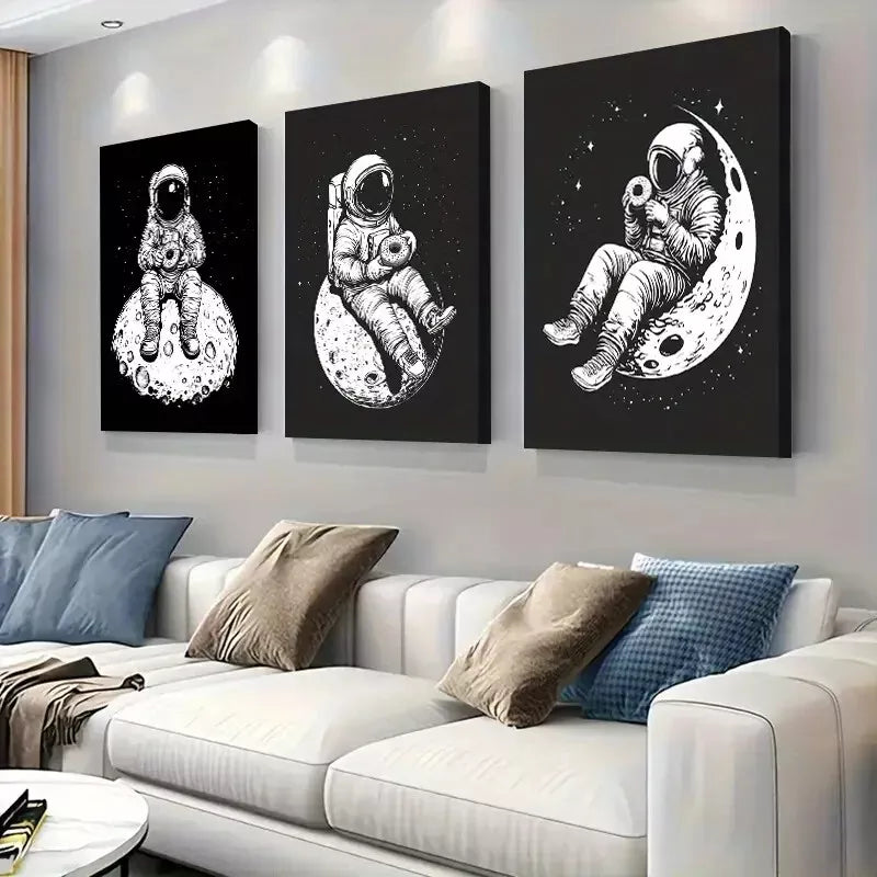 3-Piece Black and White Astronaut on Moon Wall Art Set - Framed Canvas 40x60cm (16x24in) | High Quality Print | Australian Made | Ready to Hang | Perfect for Living Room, Bedroom & Office Decor