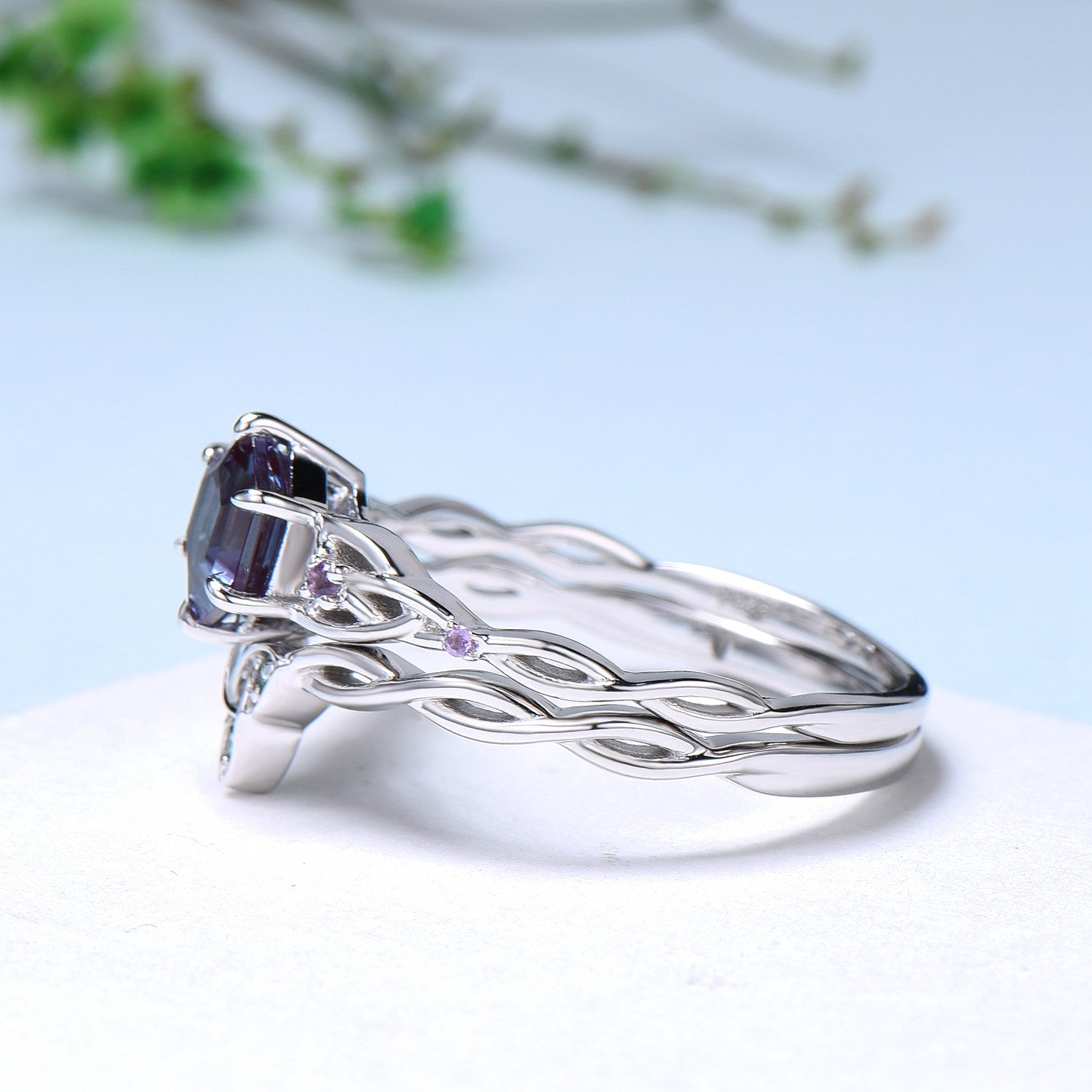 Viking Hexagon Alexandrite Ring Set - Celtic Love Knot Amethyst Engagement & Wedding Rings for Women | Unique Twisted Band Jewelry for Bridal, Anniversary & Special Occasions