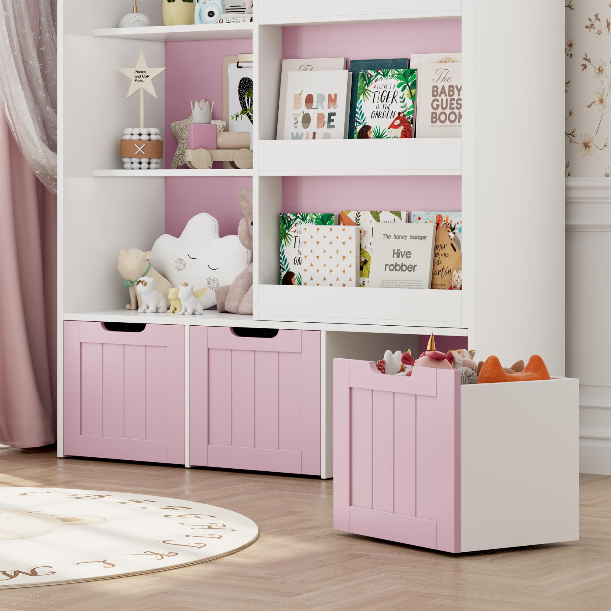 FOTOSOK Kids Toy Storage Organizer with Sliding Bookshelf - 3 Movable Drawers & 6 Storage Cubbies for Playroom, Bedroom, Nursery | Toy Organizer for Books, Toys, Games - Perfect for Playroom Organization & Kids Room Decor