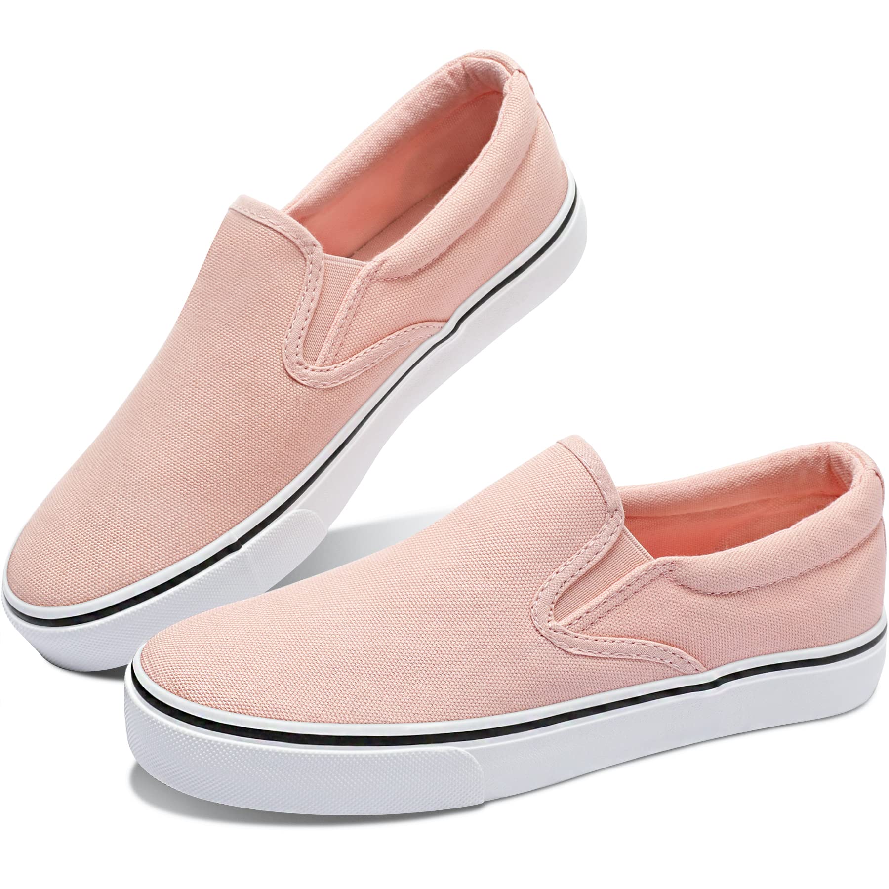 Obtaom Women's White Sneakers - Slip On Black Canvas Loafers for Women - Comfortable Low Top Casual Shoes for Walking, Work & Everyday Wear