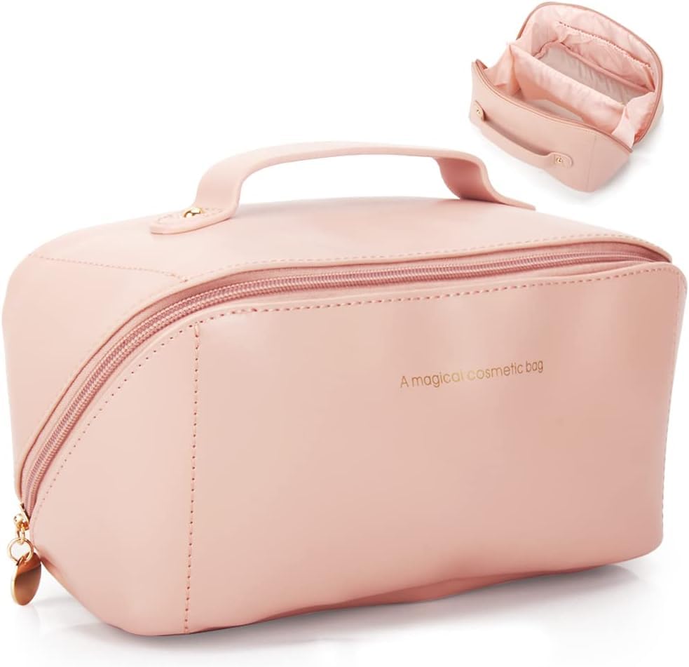 INSIME Large Travel Makeup Organizer Cosmetic Bag for Women - PU Leather Portable Makeup Pouch | Waterproof Cosmetic Case for Toiletries & Beauty Essentials | Perfect for Travel, Gym, and Daily Use