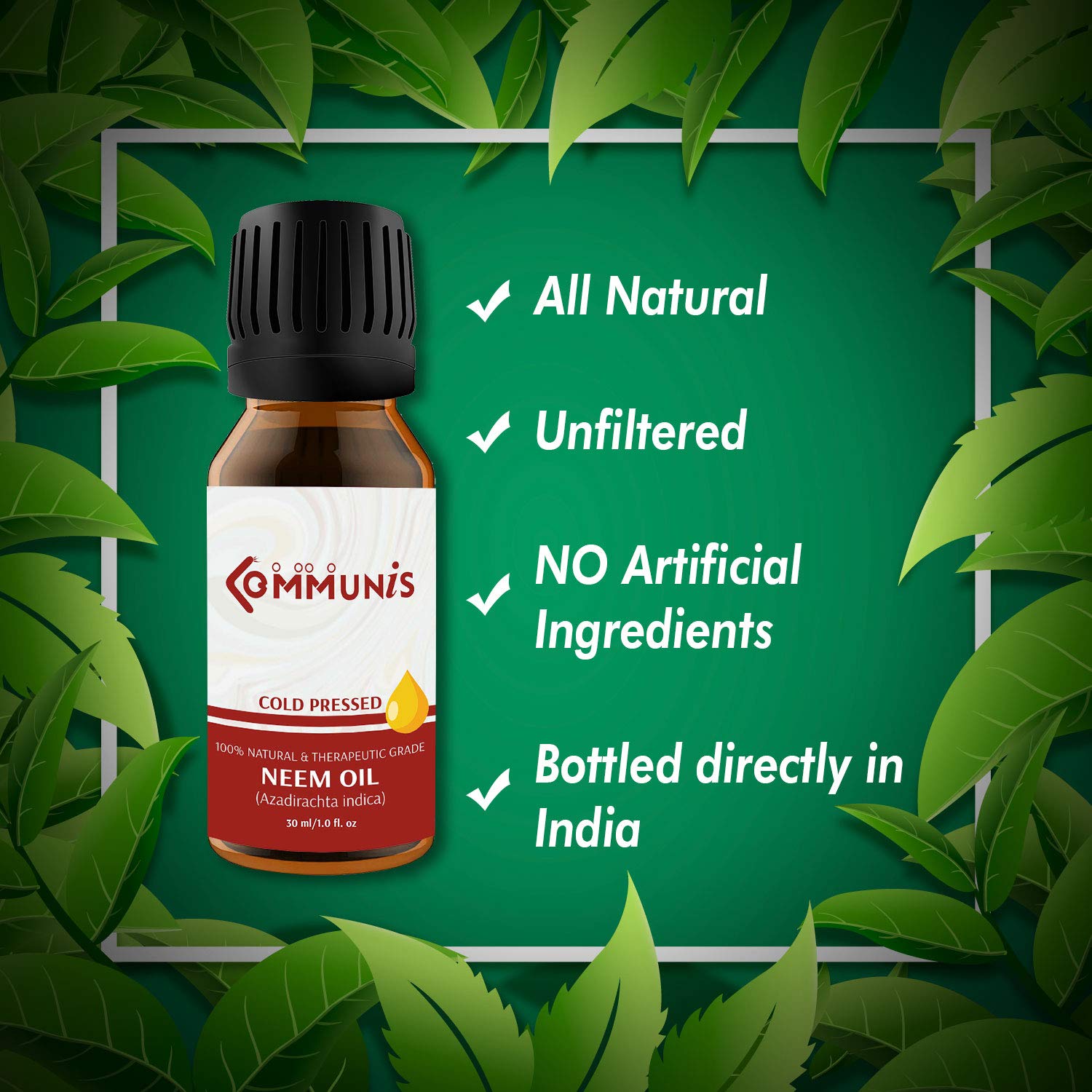 Pure Cold Pressed Neem Oil for Skin, Hair & Scalp Care - 100% Natural Therapeutic Grade Oil for Acne, Dandruff & Bug Repellent (30ml) - Perfect for DIY Beauty, Aromatherapy & Natural Pest Control