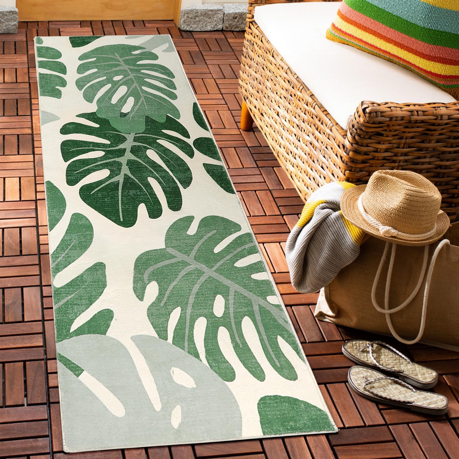 Lukinbox Green Leaf Washable Bathroom Runner Rug - Non-Slip Soft Velvet Bath Mat, Extra-Long 24