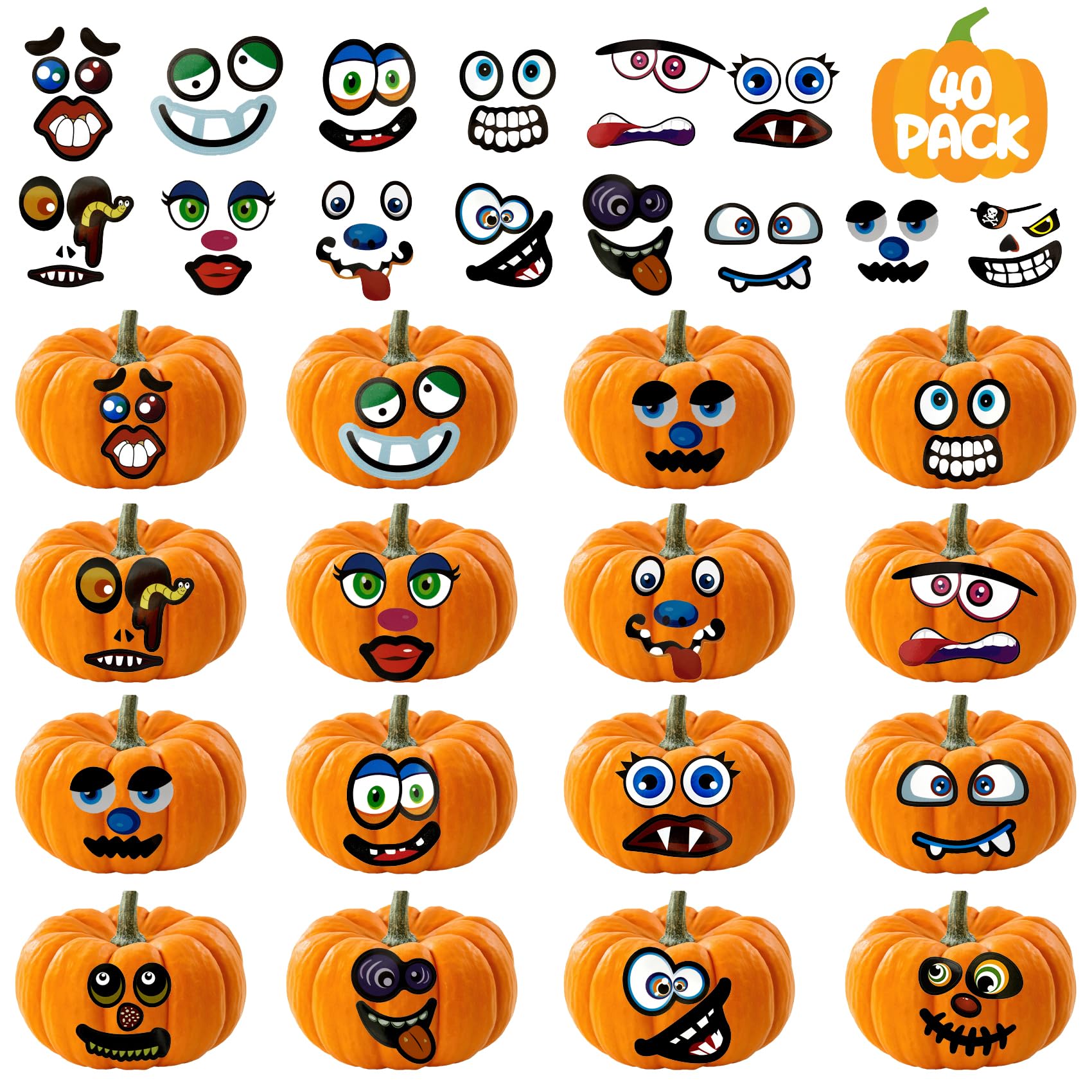 40PCS Halloween Pumpkin Face Stickers - 20 Sheets Small Pumpkin Decorating Stickers for Kids Crafts, Trick or Treat Party Favors, DIY Pumpkin Carving & Fall Festival Decorations