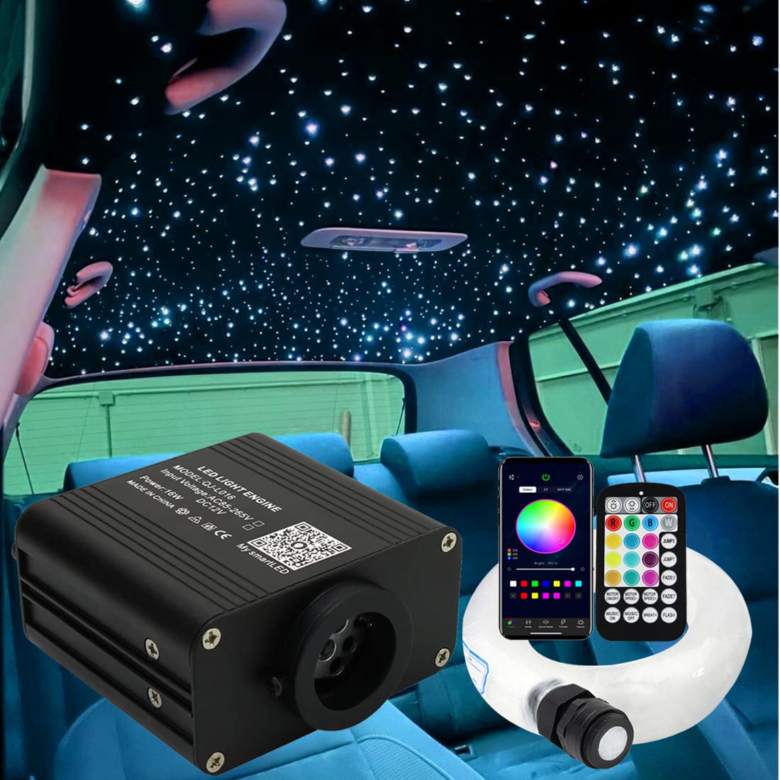 AZIMOM 16W Twinkle & Sound Activated 550pcs Fiber Optic Star Ceiling Kit - 0.03in x 9.8ft End Glow Light Strands with APP & Remote Control for Car, Home, Bedroom, Theater & Party Decoration