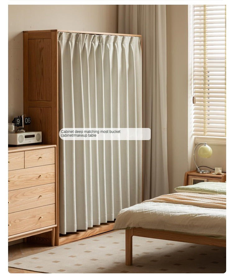 Solid Oak Wood Wardrobe with Thin Fabric Curtain - Stylish Closet Organizer for Bedroom, Living Room & Dorm Storage