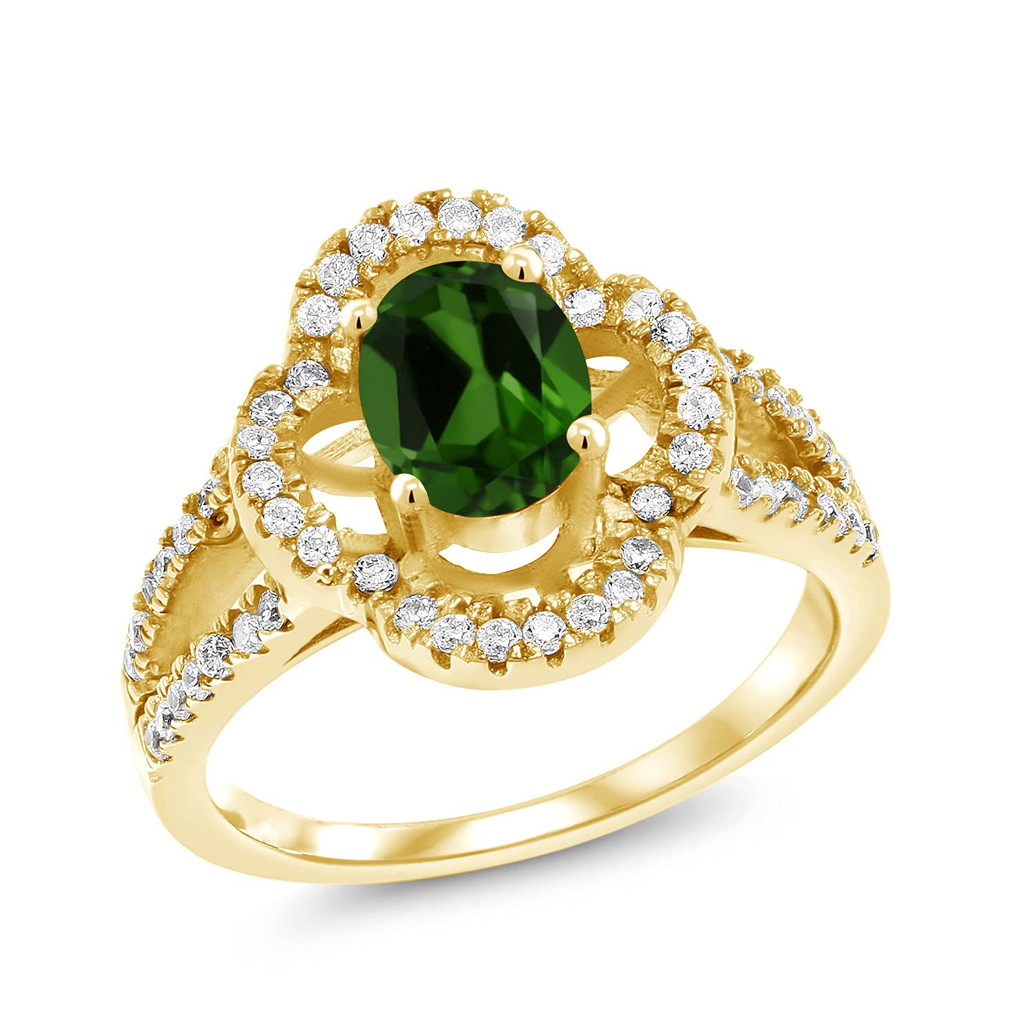 1.57 Ct Oval Green Chrome Diopside Ring - 18K Yellow Gold Plated Sterling Silver - Gem Stone King - Perfect for Engagement, Wedding & Special Occasions