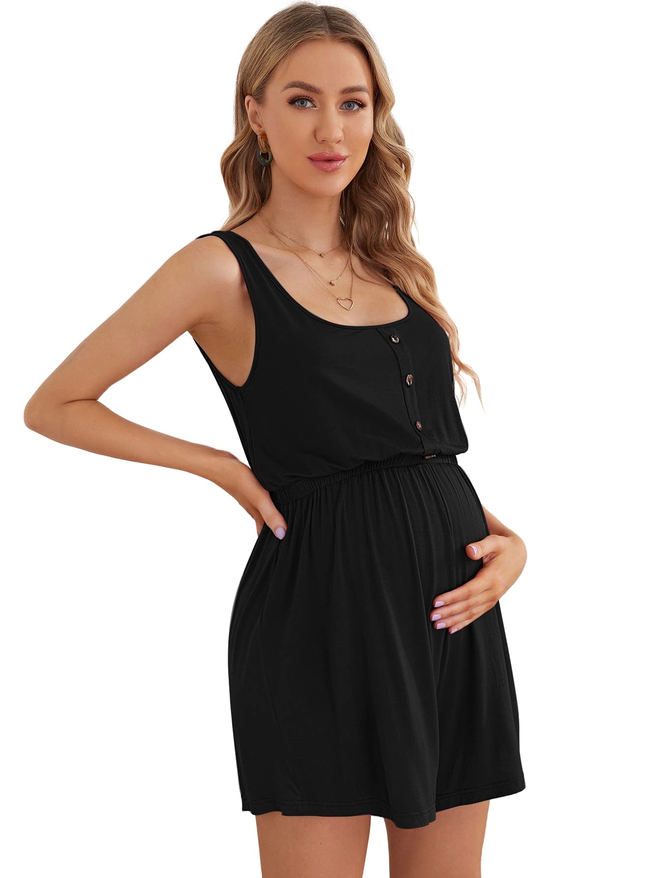Verdusa Women's Maternity Romper - Scoop Neck, Button Front, High Waist Tank Jumpsuit for Pregnancy Comfort | Perfect for Summer Outfits, Maternity Photos & Casual Wear