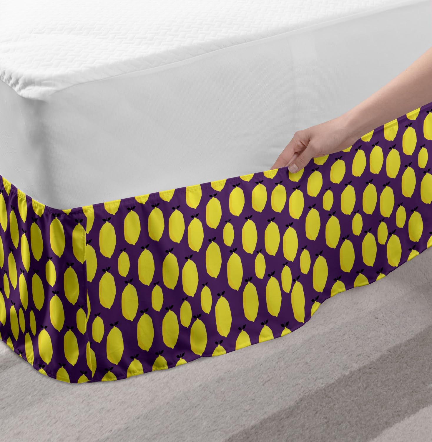 Ambesonne Purple and Yellow Cartoon Lemon Print Bed Skirt - King Size Wrap Around Elastic Gathered Design for Bedroom Decor | Perfect for Kids' Rooms, Guest Bedrooms & Modern Home Styling