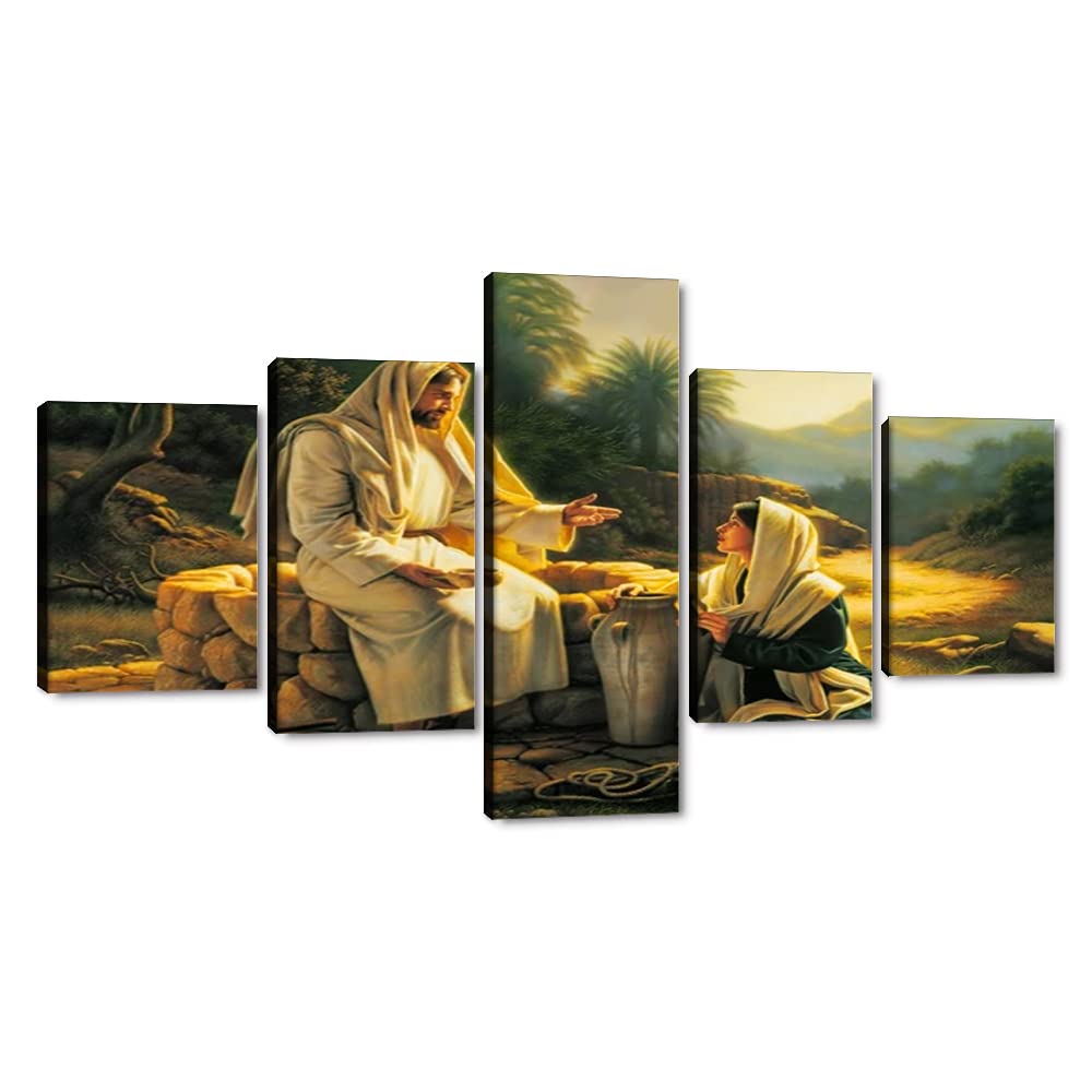 5 Panels Religious Jesus Wall Art - Jesus and the Samaritan Woman Modern Christian Decor - Framed Canvas Prints for Home, Office, Bathroom & Dining Room - Ready to Hang (60