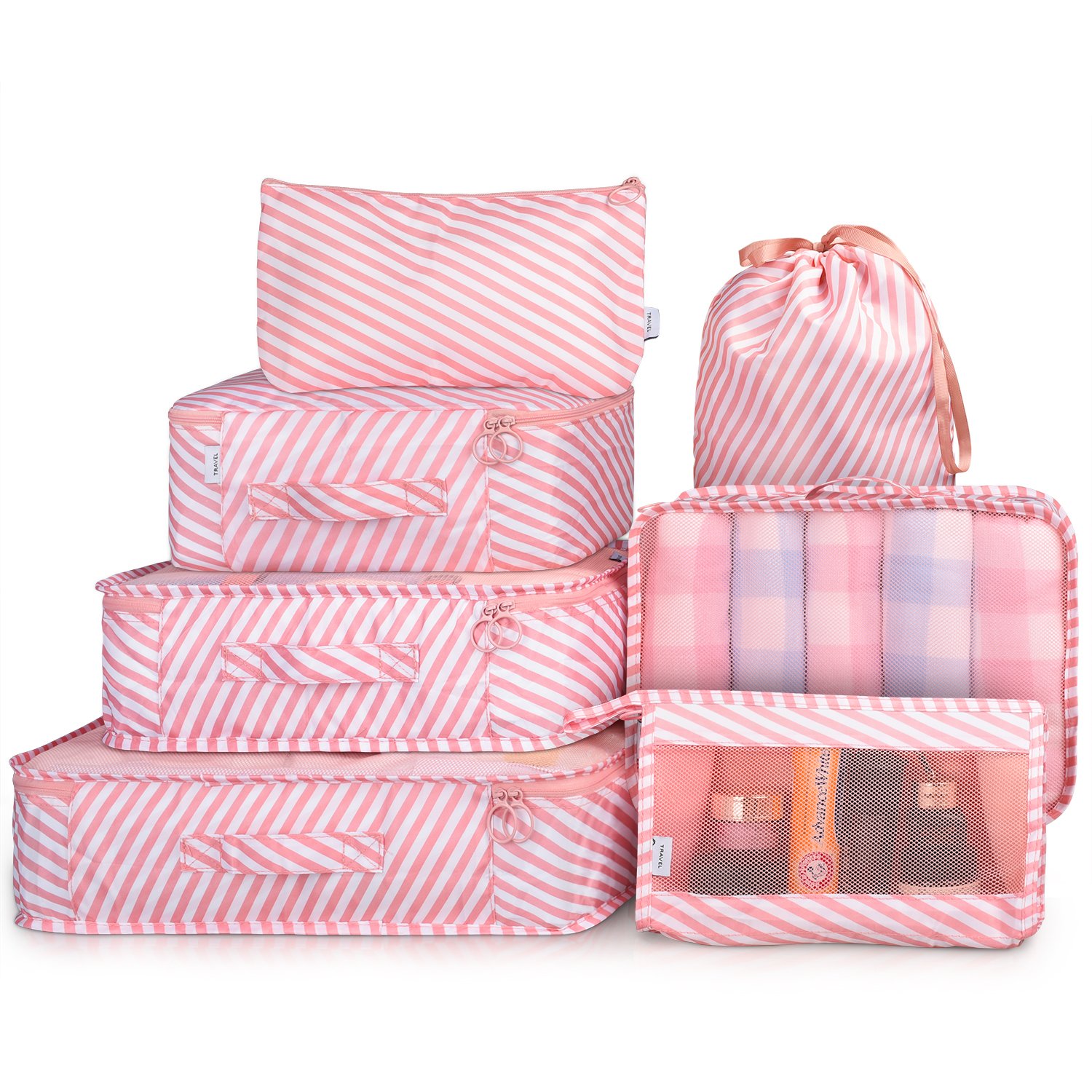 7-Piece Travel Packing Cubes Set with Toiletry Bag - Pink Stripe Organizers for Luggage & Suitcases | Perfect for Business Trips, Vacations & Weekend Getaways