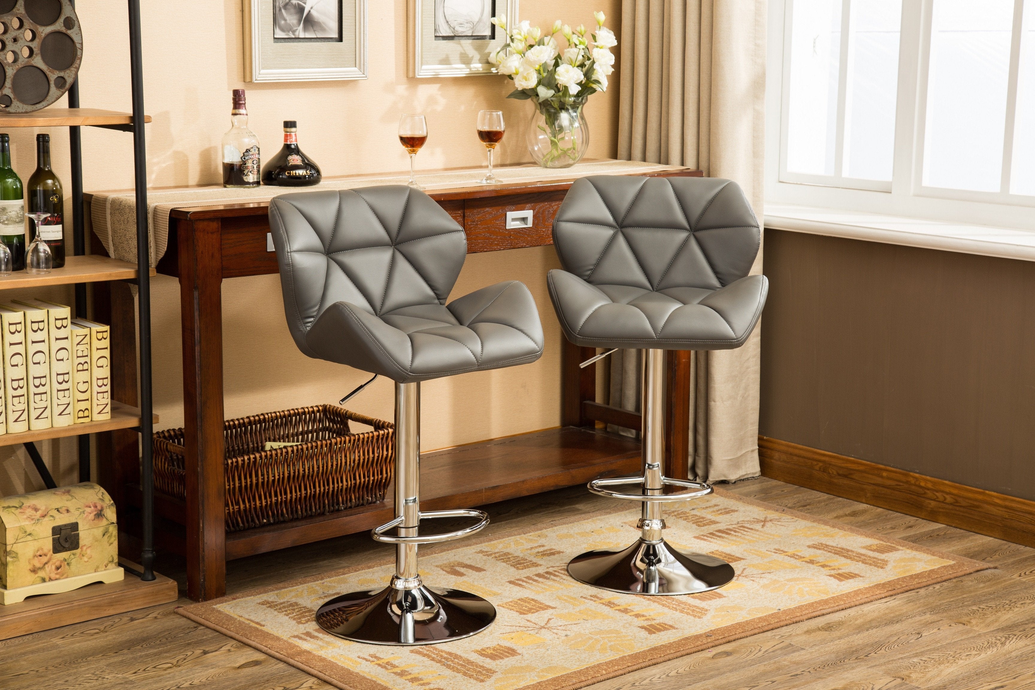 Roundhill Furniture Glasgow Contemporary Tufted Adjustable Height Hydraulic Bar Stools, Grey, Set of 2 - Perfect for Kitchen Islands, Home Bars & Modern Dining Areas
