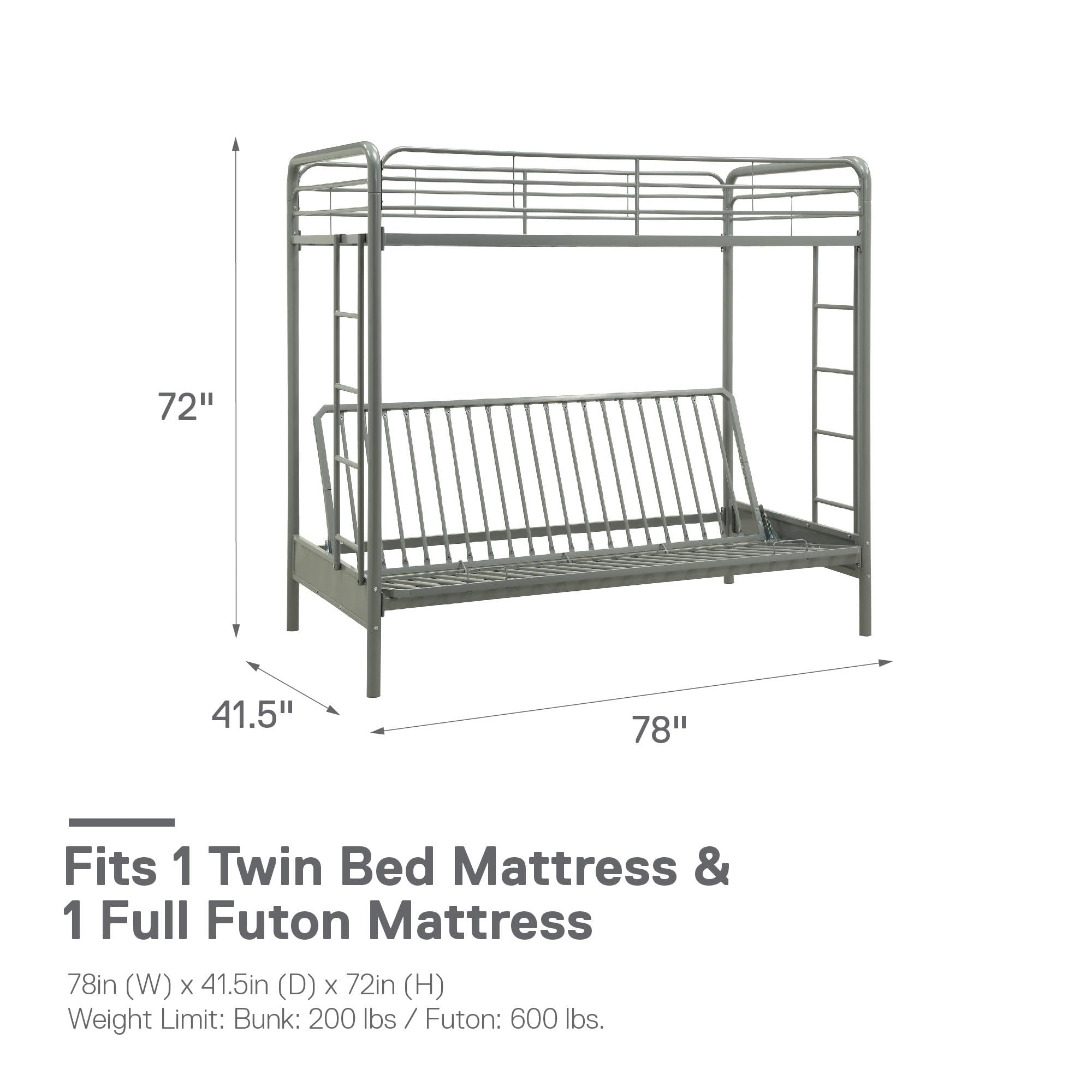 DHP Sammie Twin Over Full Metal Bunk Bed with Ladder, Space-Saving Silver Bunk Bed for Kids & Teens - Perfect for Small Bedrooms, Guest Rooms & Dorm Rooms