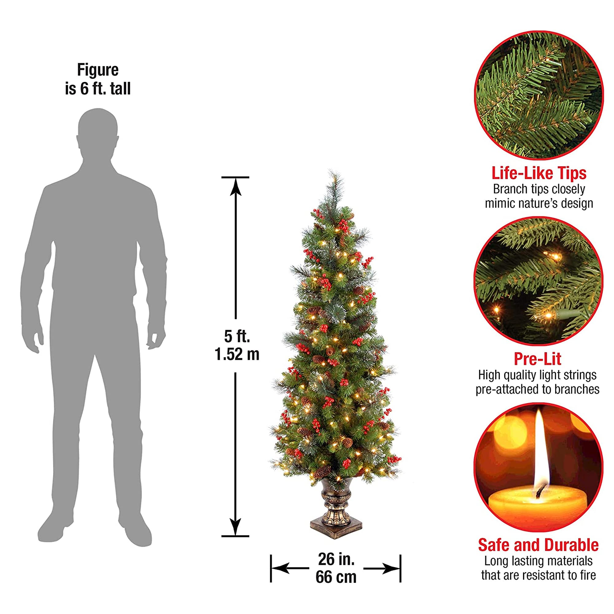 National Tree Company 5ft Pre-Lit Artificial Christmas Tree - Green Crestwood Spruce with White Lights, Pine Cones & Berry Clusters | Frosted Branches & Included Pot Base | Perfect for Home Entrance, Living Room & Holiday Decor
