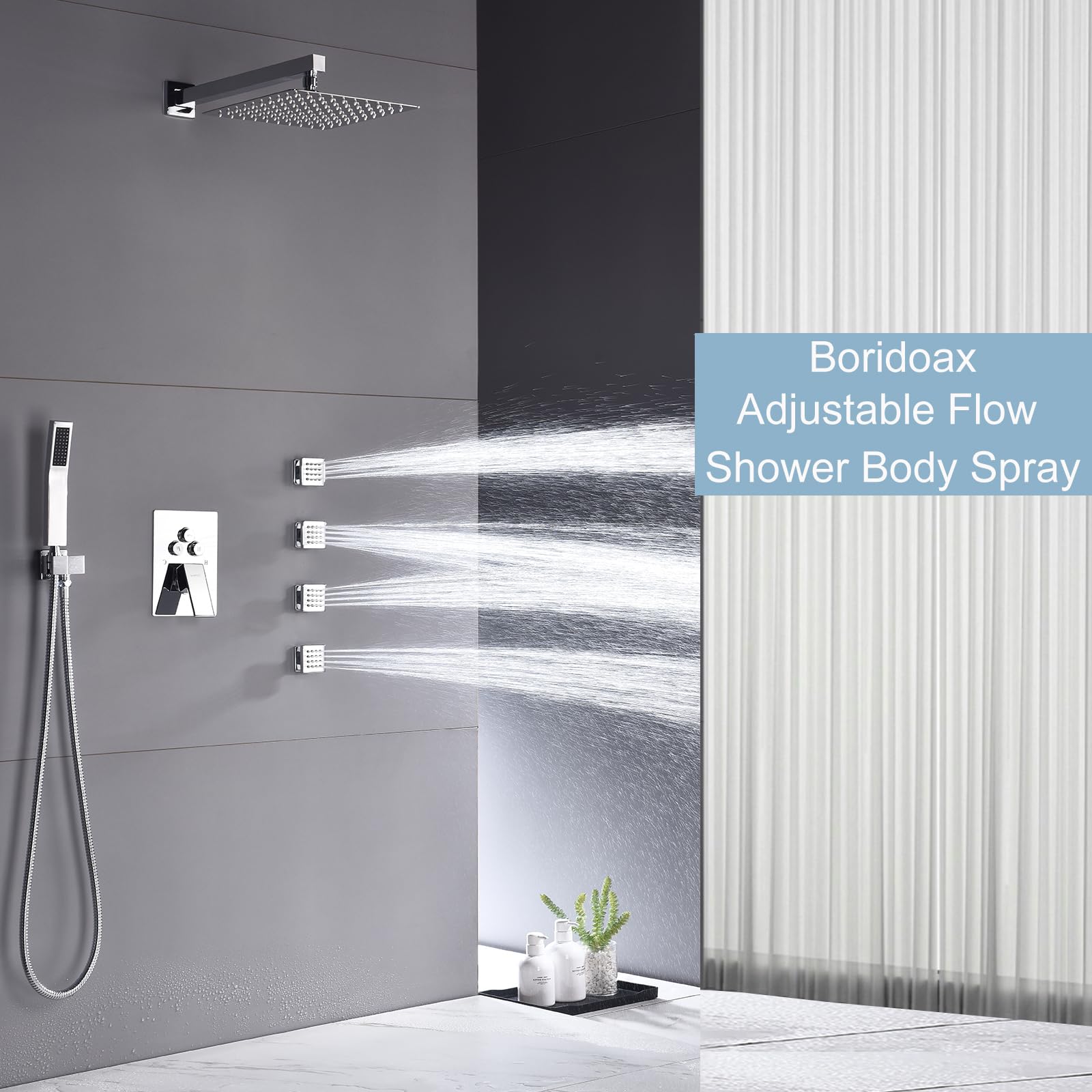 4PCS Square Shower Body Jet Spray - Brass Head Massage Spa System with On/Off Flow Control - Polished Chrome Finish for Bathroom & Luxury Shower Experience
