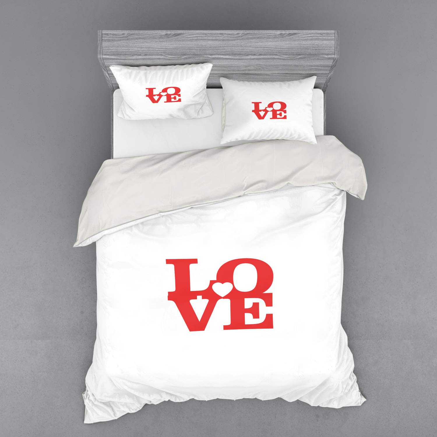 Ambesonne Love Duvet Cover Set - Valentine's Day Romantic Vintage Wedding Bedding, 4-Piece Queen Size with Shams & Fitted Sheet, Red & White Retro Design - Perfect for Anniversary Gifts, Couples Bedroom Decor & Romantic Getaways