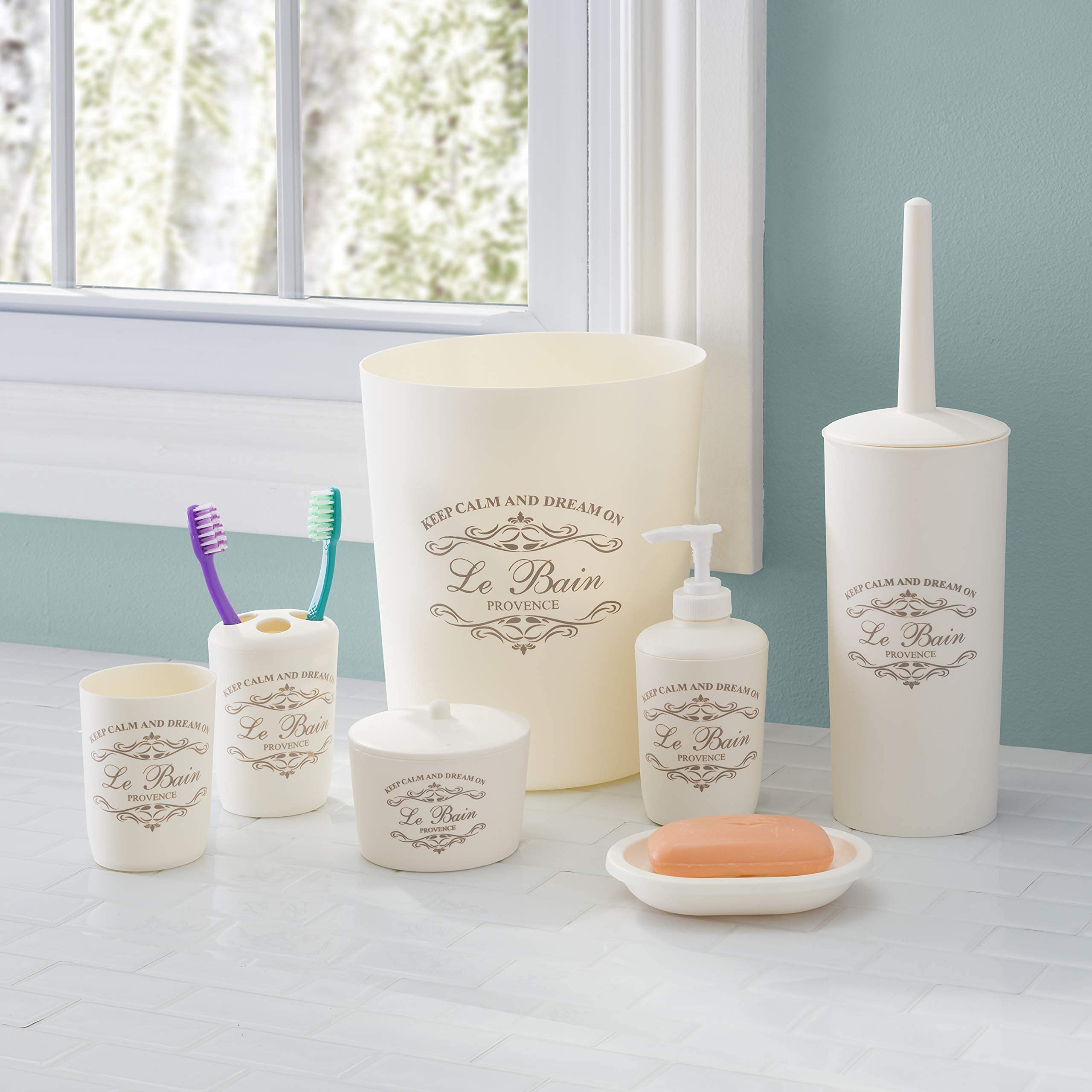 7-Piece Beige Parisian Bathroom Set - Plastic Bath Accessories with Tumbler, Toothbrush Holder, Soap Dish, Lotion Dispenser, Cotton Ball Container, Toilet Brush Holder & Waste Bin | Modern Bathroom Decor for Home, Apartment & Hotel Use