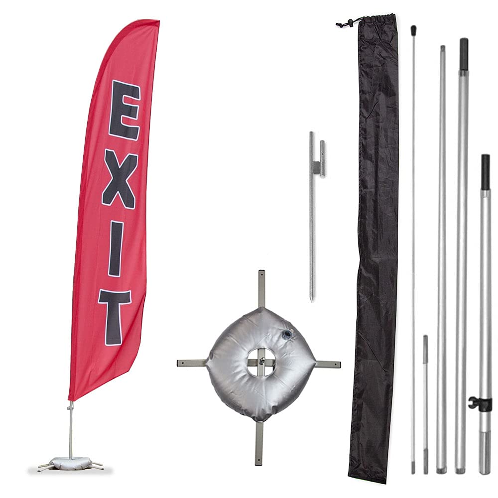 Vispronet Premium Exit Feather Flag Kit - 13ft Aviation Grade Fiberglass Poles, Exit Flag, Cross Base, Weight Bag, Ground Stake & Pole Sleeve Bag | Perfect for Outdoor Advertising, Business Promotions, Events & Trade Shows