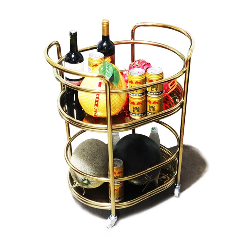 Gold Bar Cart - 2-Tier Metal Rolling Serving Cart with Mirror for Home, Kitchen, Living Room & Hotel - Wine & Tea Trolley Furniture (59x41x70cm) - Perfect for Entertaining, Cocktail Parties & Small Space Storage