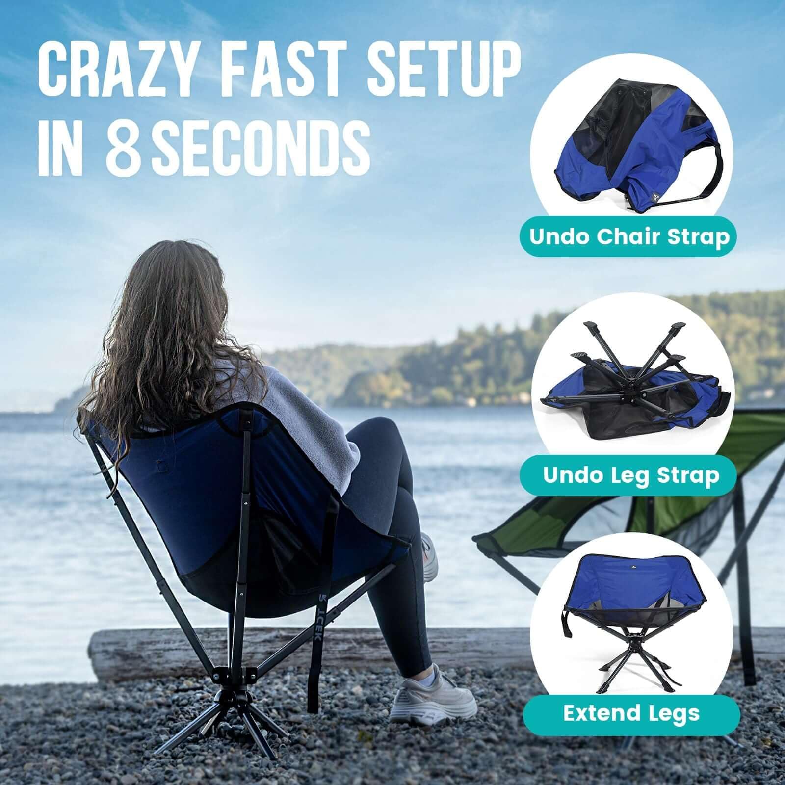 Portable Swivel Folding Chair - Compact & Lightweight Collapsible Camping Chair for Adults, Quick Setup in 8 Seconds, Supports 300 lbs - Perfect for Outdoor Camping, Hiking, Beach, Travel, Picnics & Backpacking Adventures