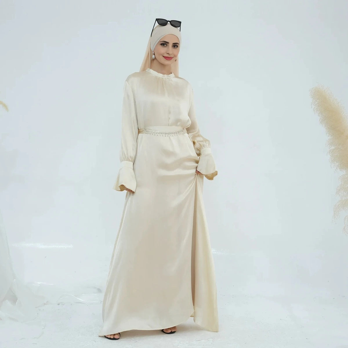 Elegant Satin Abaya Dress with Diamond Chain Belt - Modest Islamic Fashion for Women | Perfect for Prayer, Eid, Wedding & Special Occasions