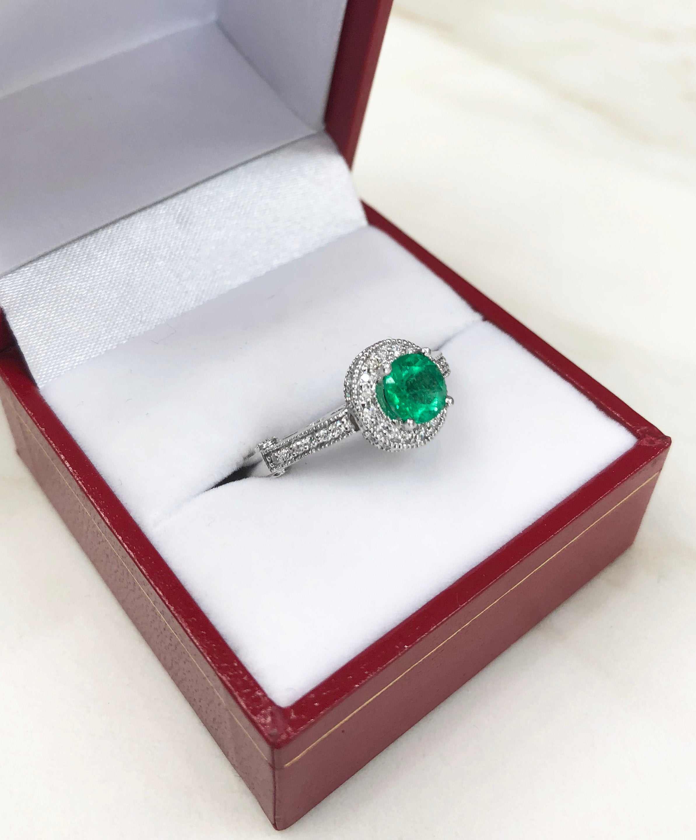 1.45tcw Round Emerald & Diamond Halo Engagement Ring in 14K Gold - Perfect for Proposals, Anniversaries & Bridal Jewelry