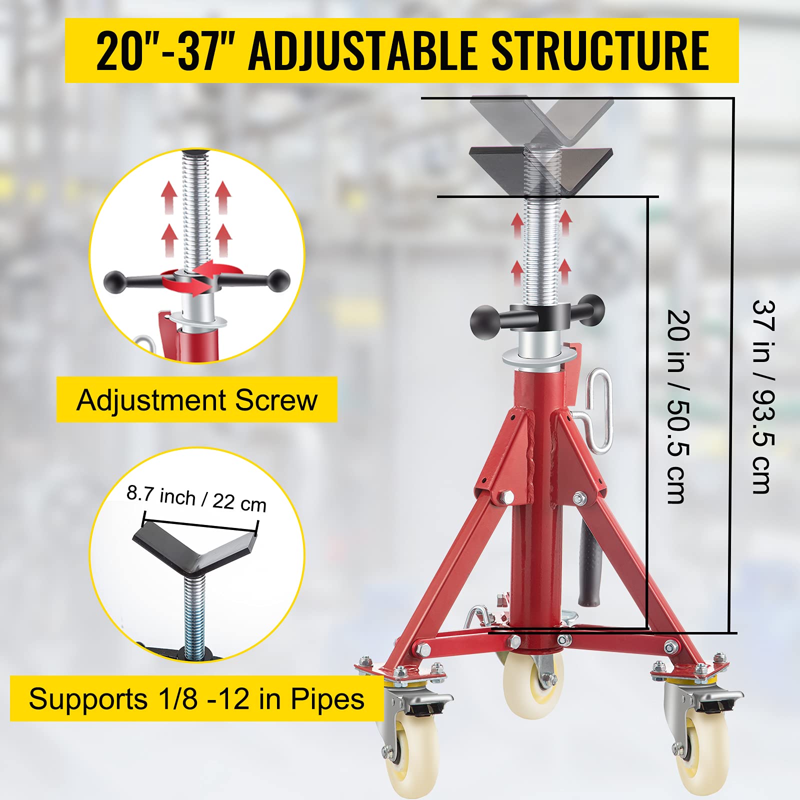VEVOR Adjustable Pipe Stand 20-37 Inch Height, 882 LB Capacity with Casters - Folding Portable Pipe Jack Stand for 1/8