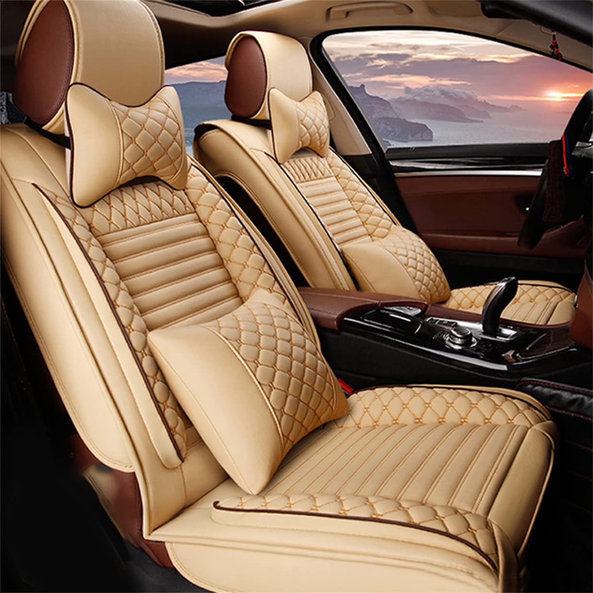 Premium 3D Surround Universal PU Leather Car Seat Covers Full Set for 5-Seats - Front & Rear Cushions with Headrest & Lumbar Support | Airbag Compatible | Fits Most Cars, Trucks & SUVs | Perfect for Daily Commute, Road Trips & Family Travel