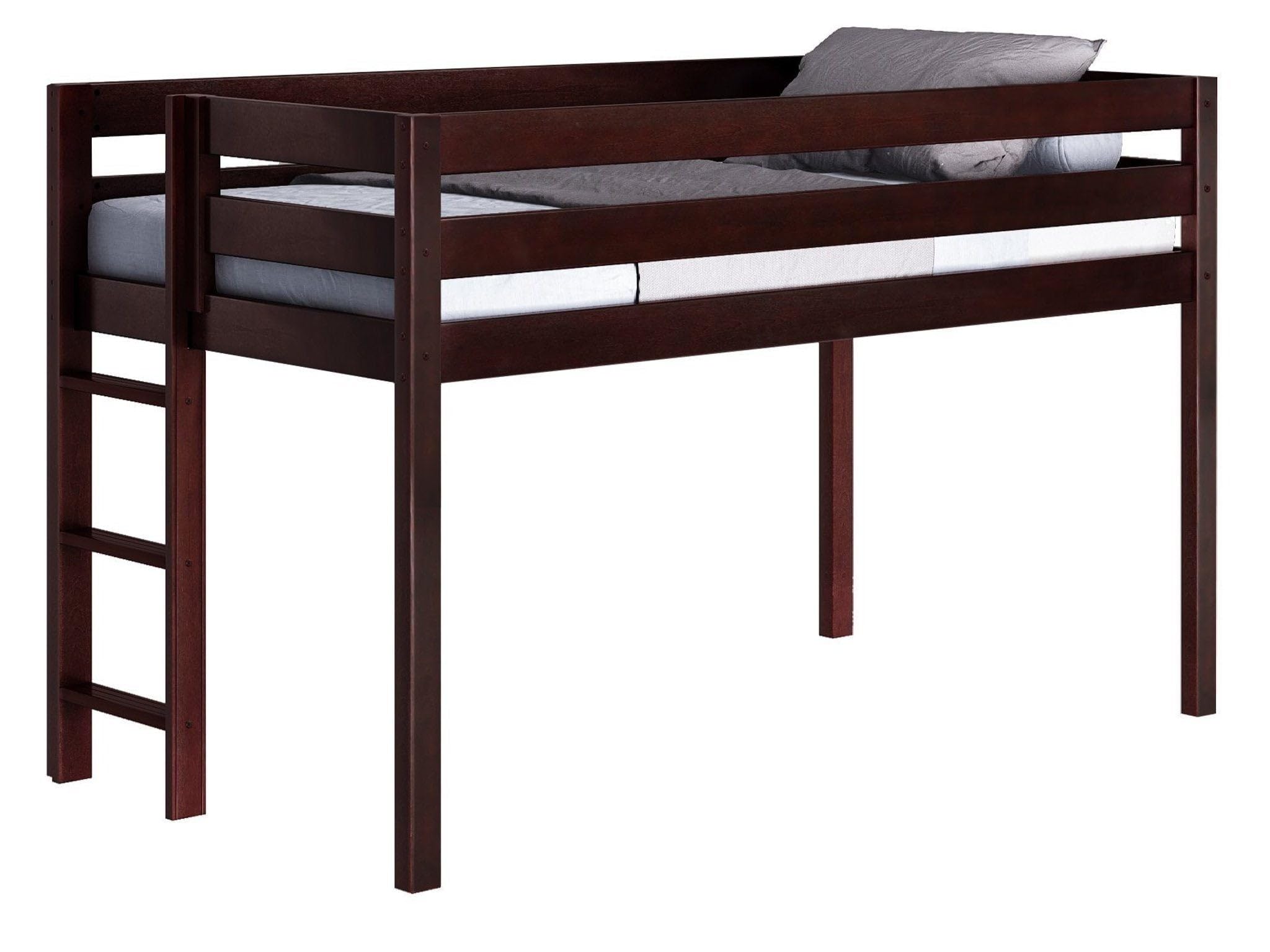 Modern Low Loft Twin Bed with End Ladder in Cherry Finish - Space-Saving Kids & Teen Bedroom Furniture for Small Rooms, Dorms & Apartments