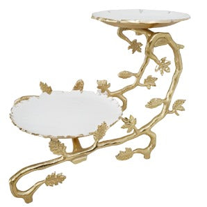 2 Tier Stand White Gold Leaf - Elegant Decorative Tray for Jewelry, Cosmetics & Bathroom Essentials - Perfect for Vanity, Dresser & Home Organization