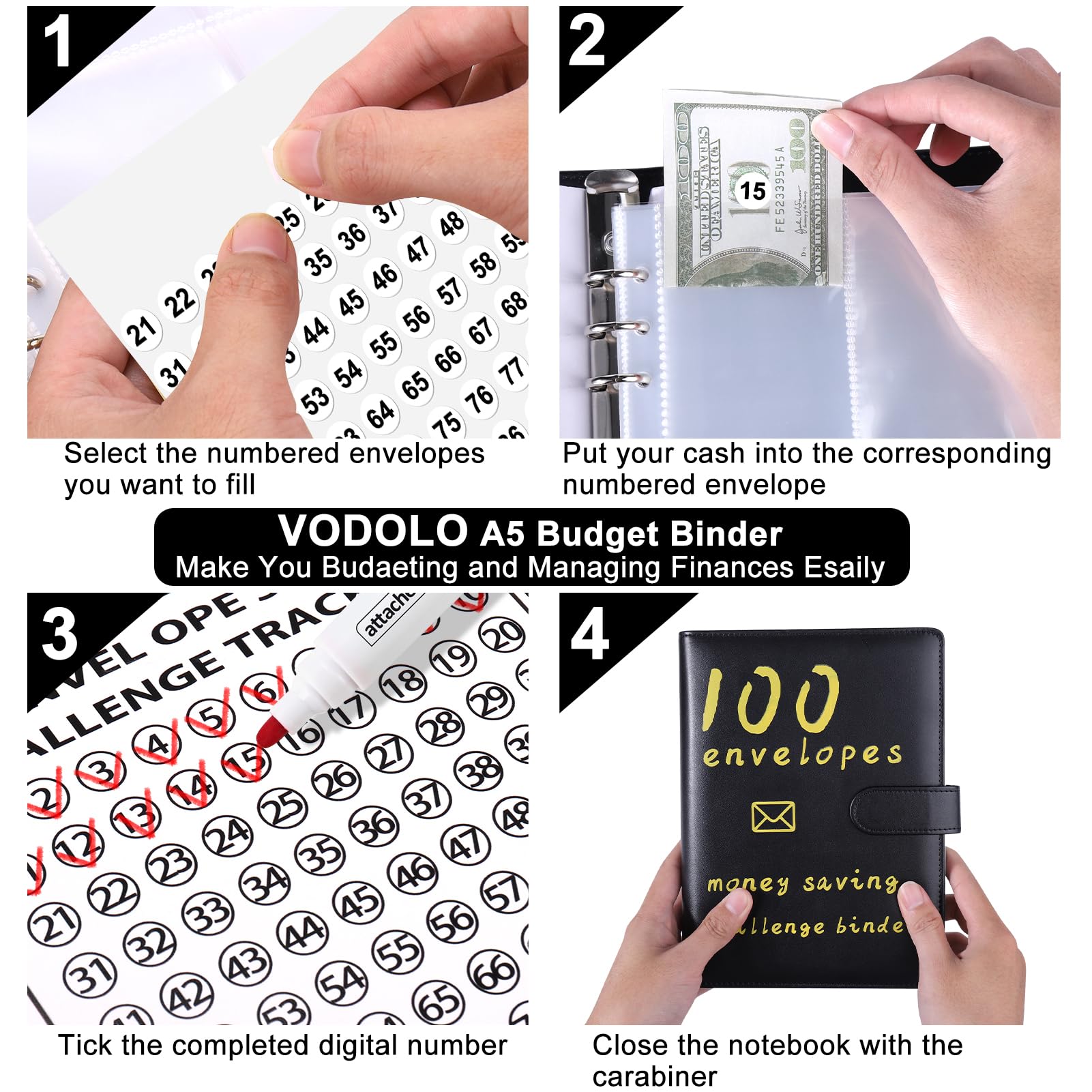 100 Envelopes Money Saving Challenge Kit - Cash Budgeting Binder with Storage Pouches for Emergency Savings & Family Budget Planning | Black Budget Book for Financial Goals & Money Management