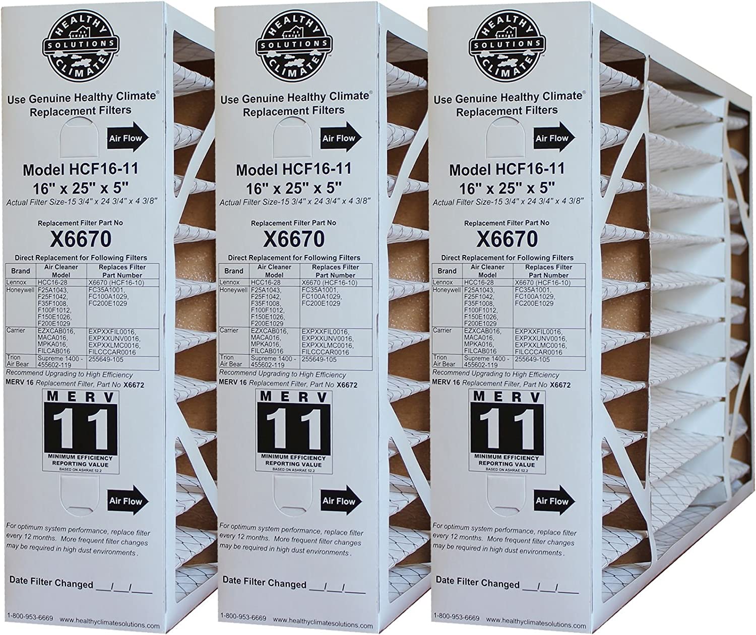 Genuine Lennox X6670 16x25x5 MERV 11 Air Filter (Case of 3) - Actual Size 15.75x24.75x4.38 - Perfect for HVAC Systems, Furnaces & Air Purifiers in Homes & Offices