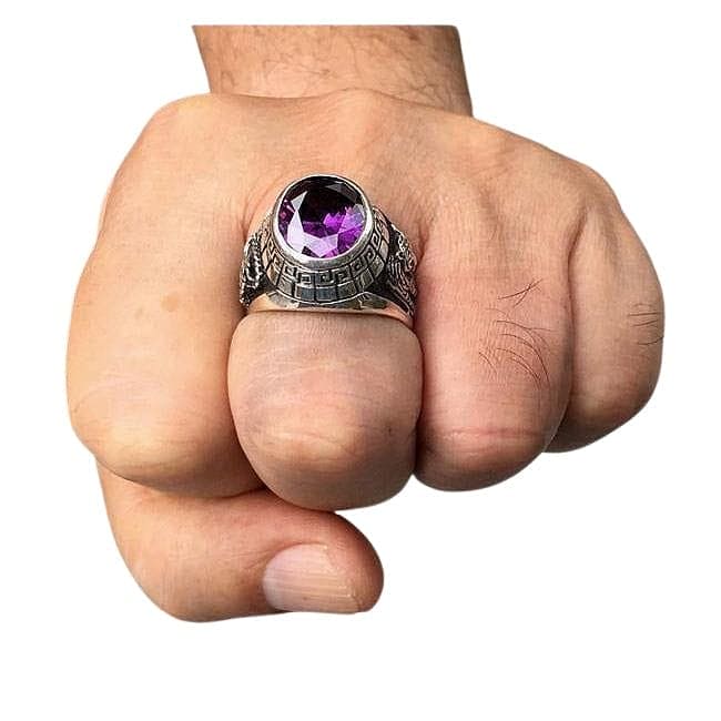 Purple Amethyst Japanese Tiger Dragon Men's Ring - Handcrafted Sterling Silver Statement Jewelry for Gifts, Fashion & Spiritual Protection