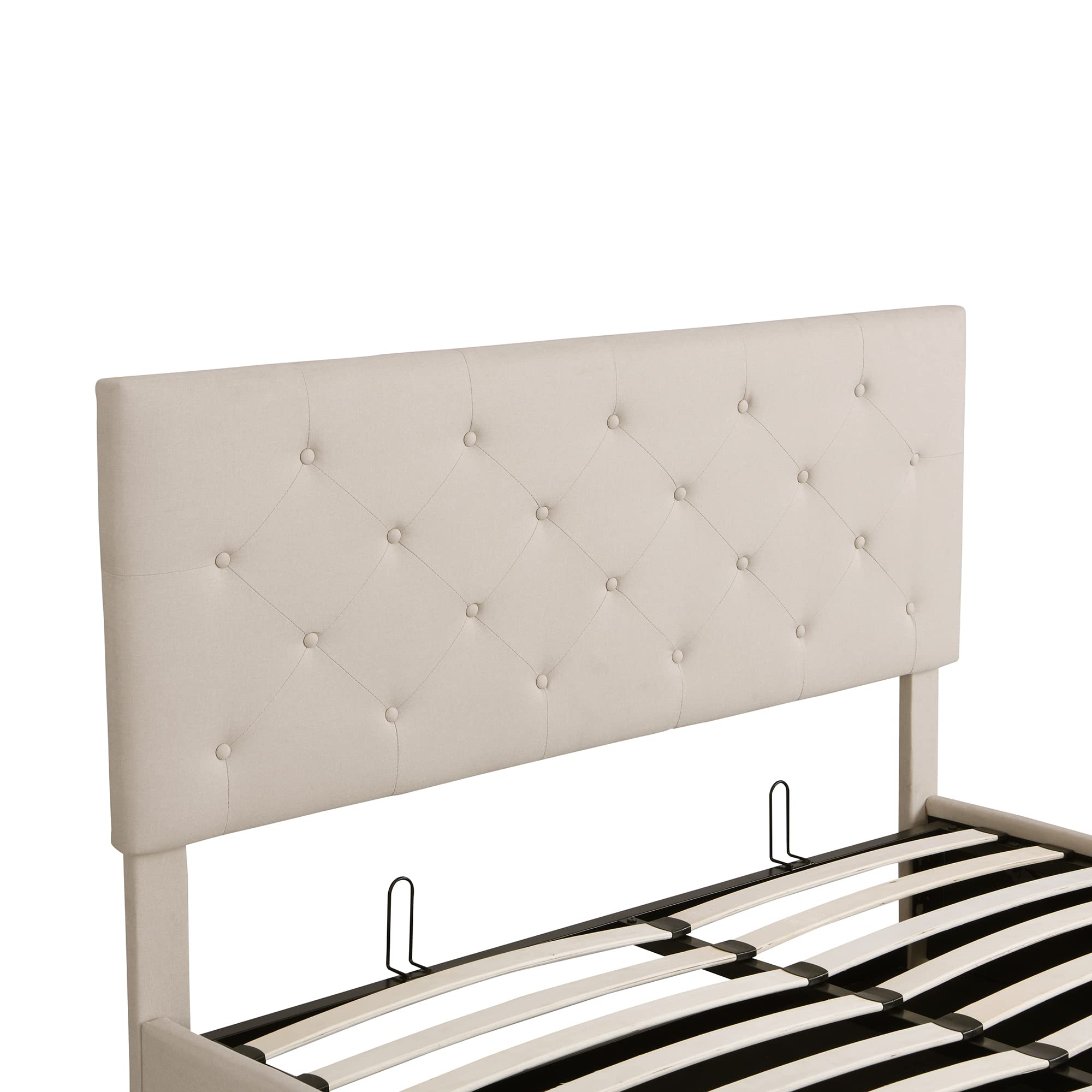 Queen Size Upholstered Platform Bed Frame with Gas Lift Storage & Tufted Headboard - Hydraulic Storage System, Wooden Base, Beige Fabric - Perfect for Small Bedrooms, Guest Rooms & Space-Saving Solutions