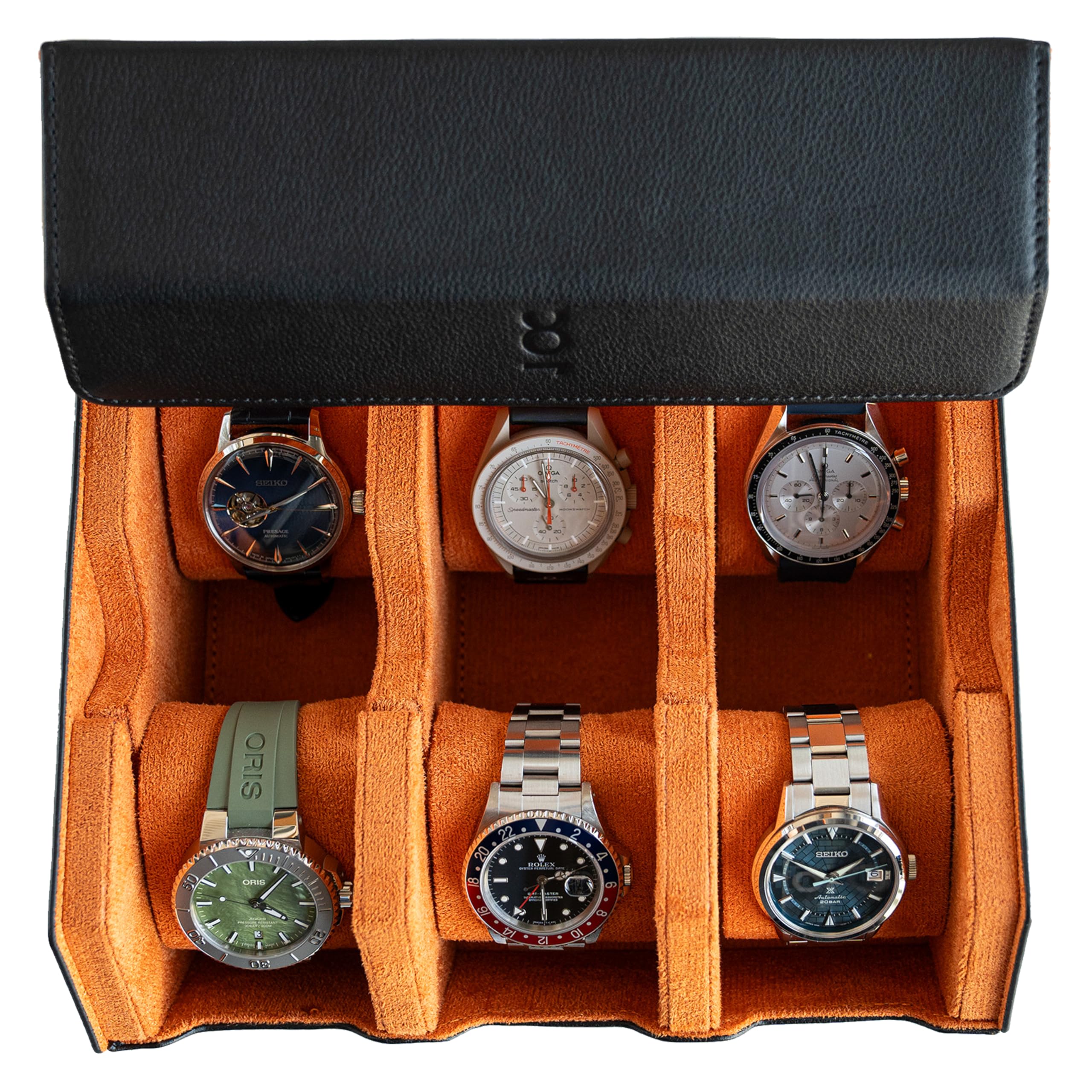 6-Slot Genuine Black Leather Watch Box with Soft Velvet Interior - Travel Watch Storage Case for Men | Premium Watch Roll Display & Protection | Perfect for Travel, Home Storage & Watch Collection Organization (Black & Orange)