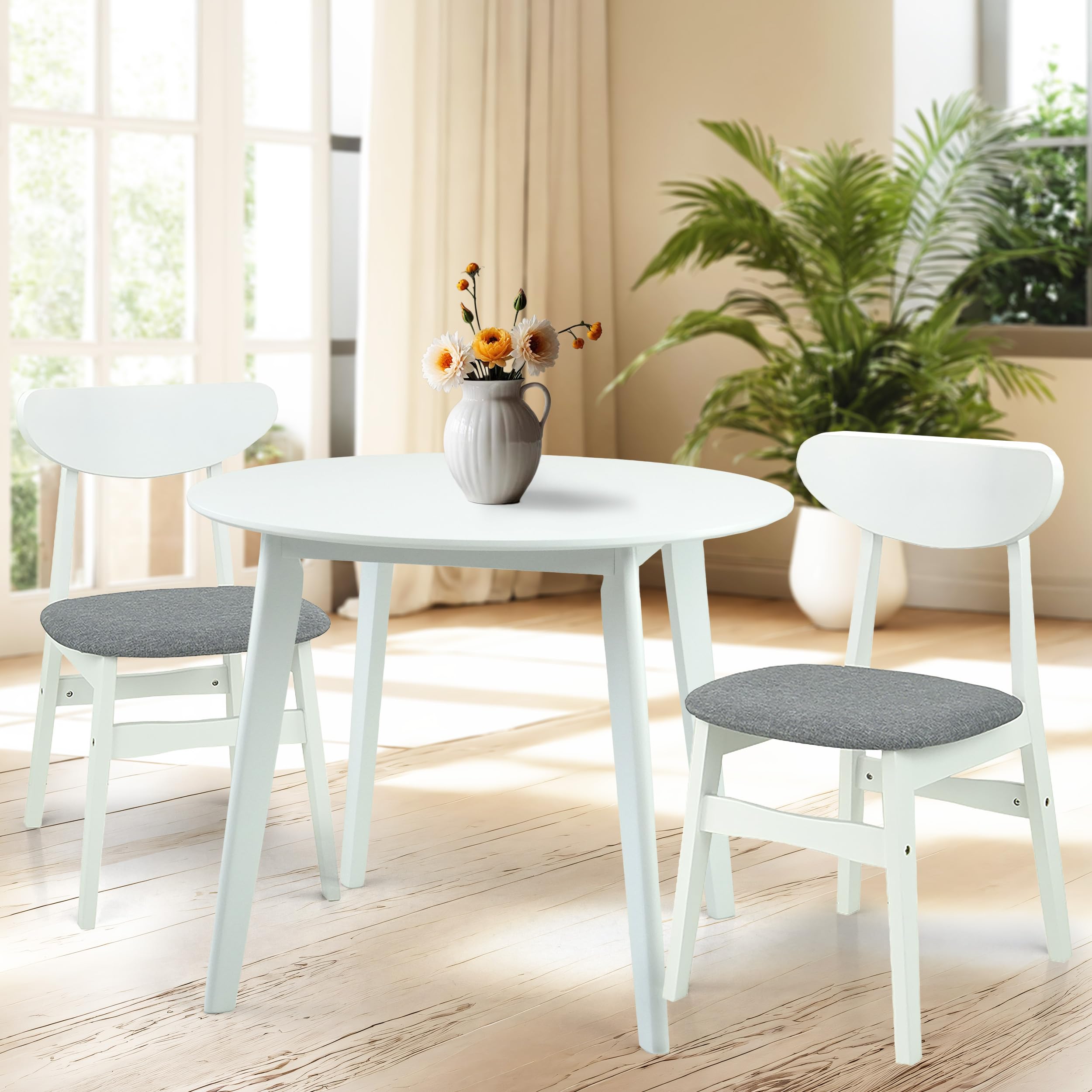 Wickerix 3-Piece Round Dining Table Set with 2 Yumiko Side Chairs - Solid Wood Kitchen Table & Padded Seat Chairs for Small Space, Breakfast Nook, or Apartment Dining