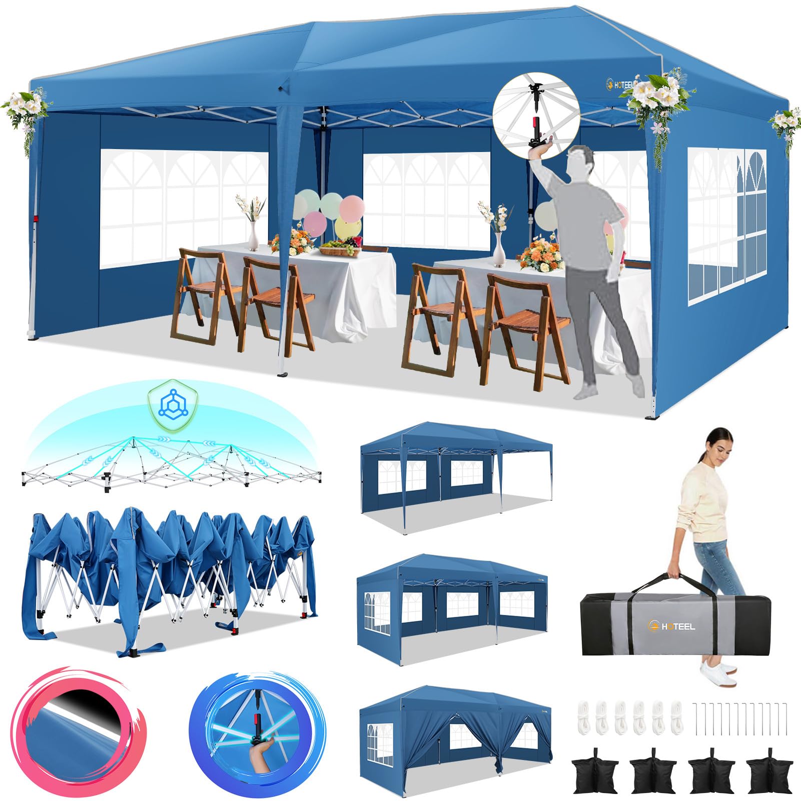 10x20 Pop Up Canopy Tent with 6 Sidewalls & Carry Bag - Waterproof UV50+ Shelter for Outdoor Weddings, Parties, Patio Events - Heavy Duty Commercial Canopy with 8 Wind-Resistant Rods for Backyard, Beach & Camping Use