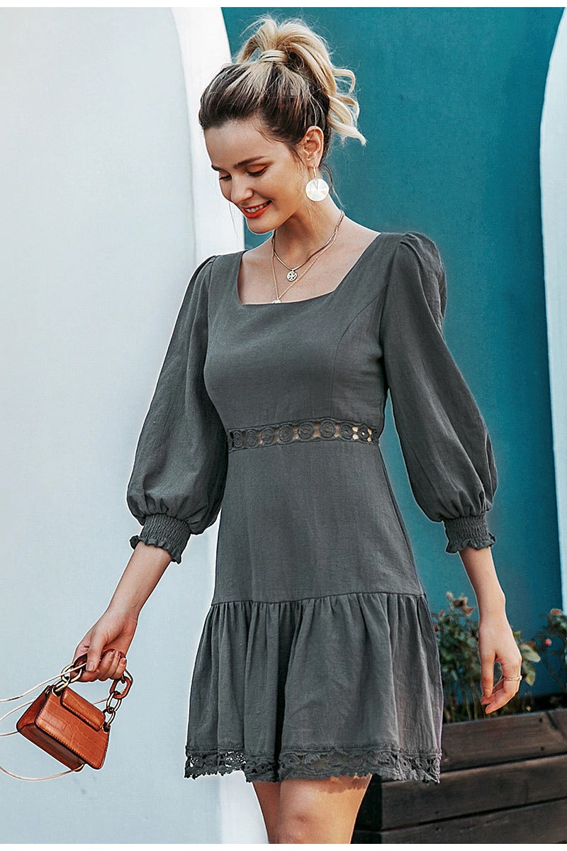 Elegant A-Line Hollow Out Ruffled Lantern Sleeve Party Dress for Women - Autumn Casual Short Dress for Date Night, Cocktail Party & Special Occasions