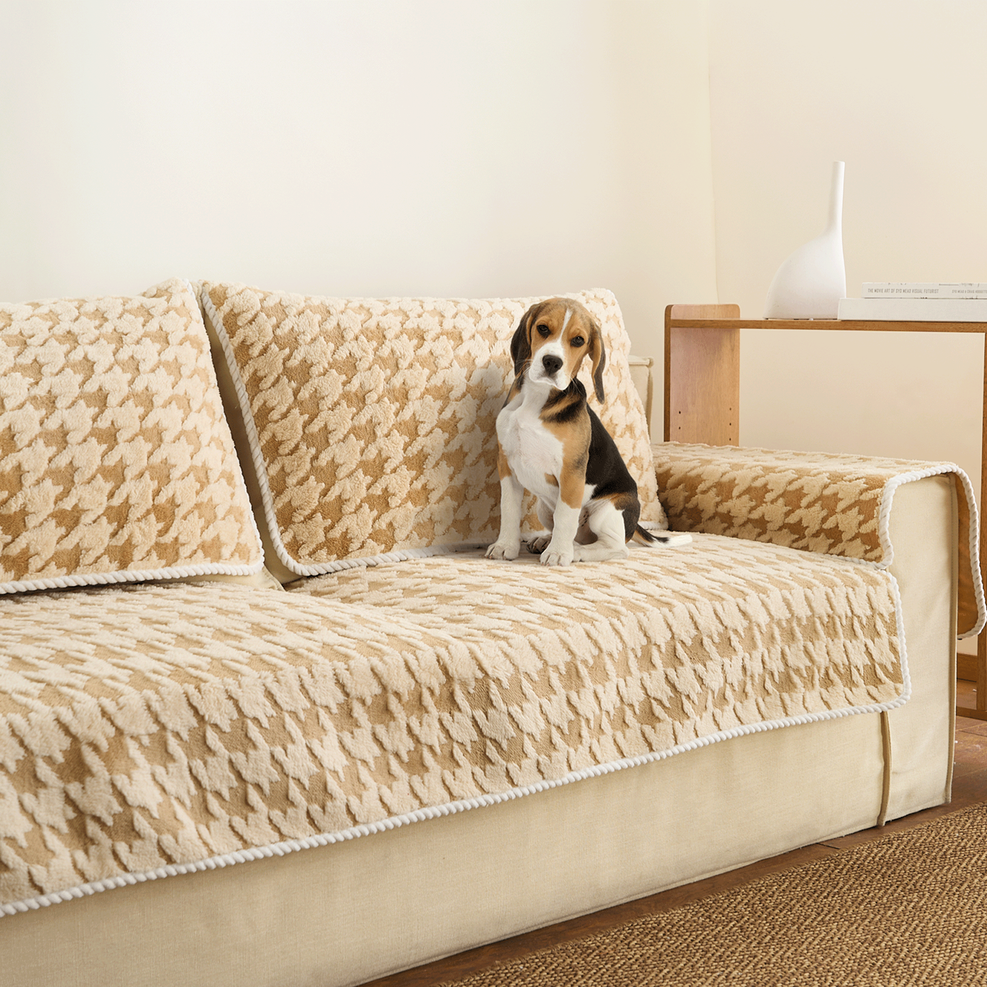 Soft Plush Houndstooth Pattern Sofa Cover - Stretchable Furniture Protector for Couches, Loveseats & Sectionals - Perfect for Home Decor, Pet Protection & Seasonal Style Updates