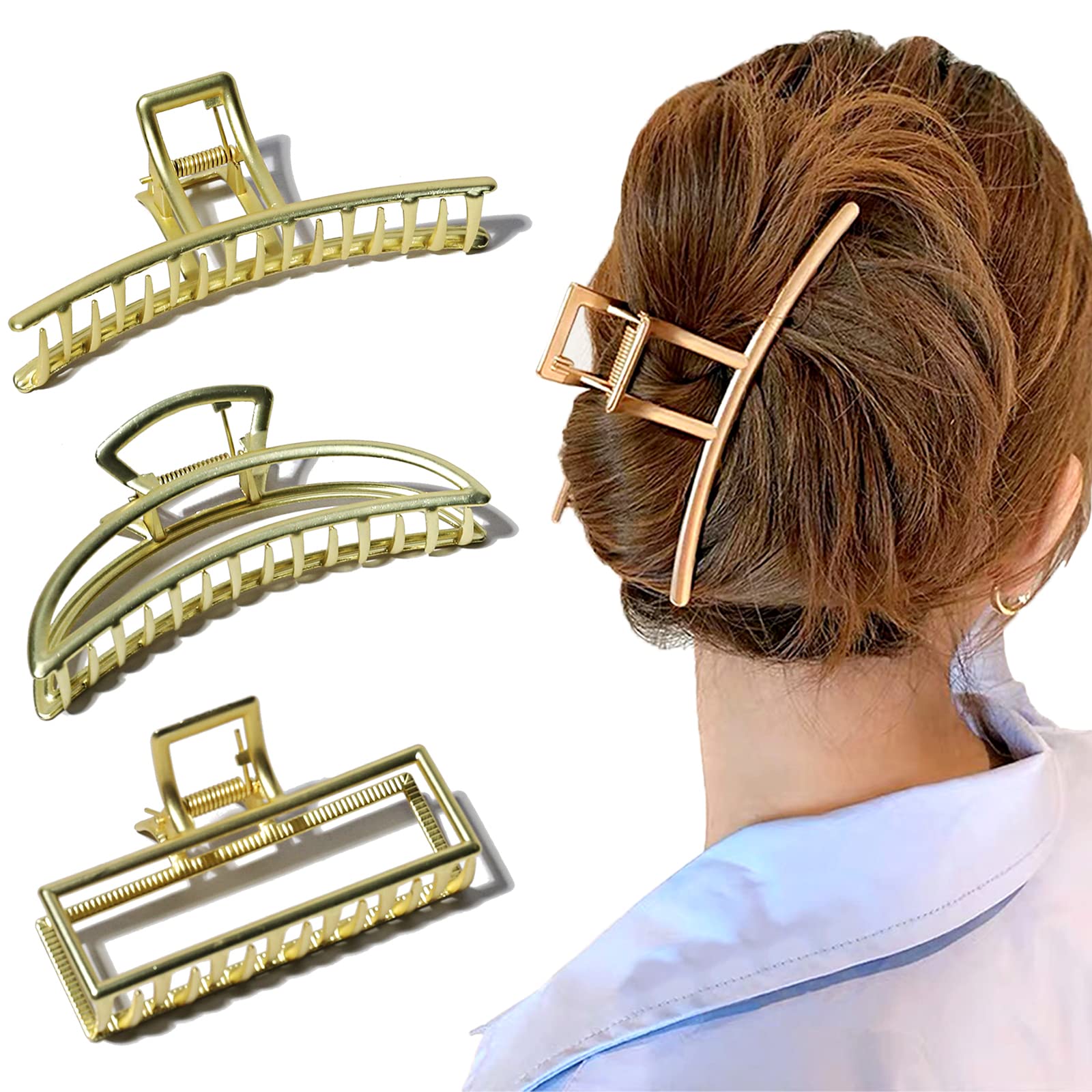 FAELBATY Large Gold Metal Hair Claw Clips for Women - 4 Inch Strong Hold Non-Slip Hair Accessories (3-Pack: Butterfly, Claw, Hair Securing Styles) | Perfect for Updos, Ponytails & Everyday Hairstyles