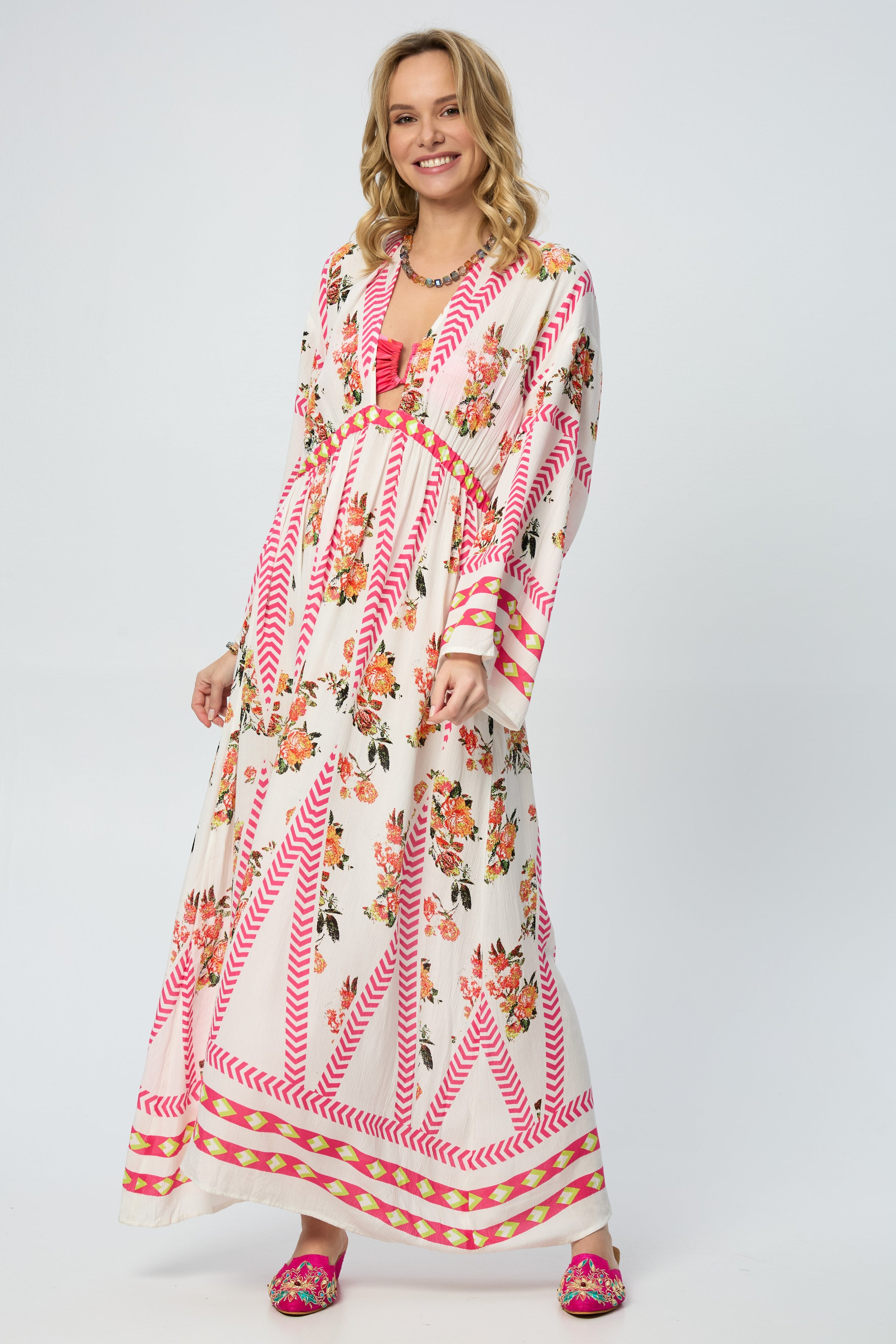 Aztec Floral Keyhole Kaftan Dress - Boho Chic Maxi Dress for Women - Perfect for Beach, Vacation & Summer Outfits