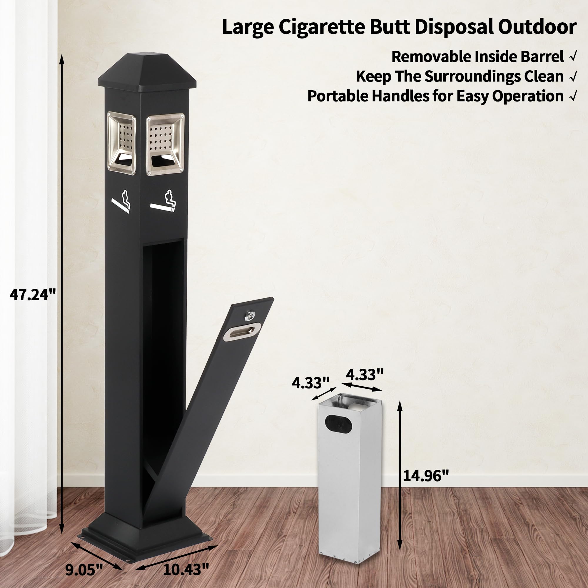 Heavy Duty Metal Ash Receptacle - Commercial Outdoor Vertical Trash Can for Patios, Gardens, Hotels, Pubs & Offices - Durable Black Butt Container for Cigarette Disposal & Waste Management