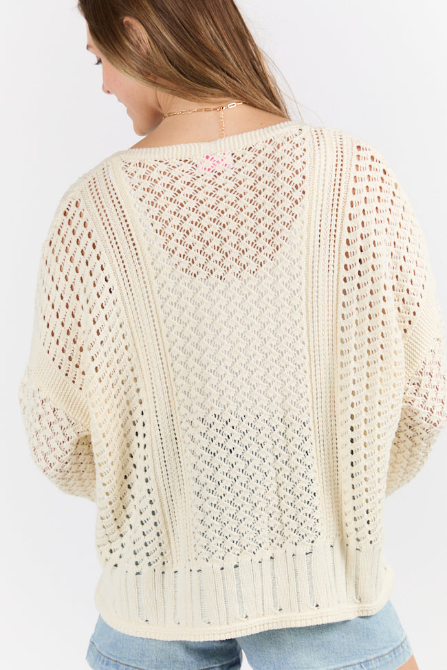 Morning Markets Cream Open Knit V-Neck Sweater for Women - Soft Lightweight Pullover for Fall & Winter - Casual Office Wear & Weekend Outfits