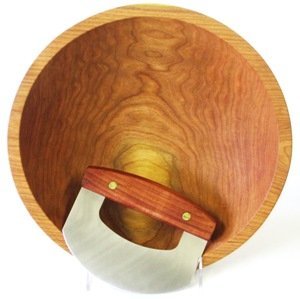 Premium 12 Inch Cherry Wood Chopping Bowl Set with Mezzaluna (Ulu) Knife - Handcrafted by Holland Bowl Mill - Perfect for Salad Prep, Herb Chopping & Kitchen Decor