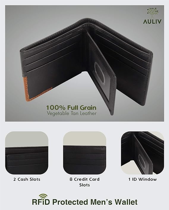 AULIV Genuine Full Grain Vegetable Tanned Leather Bifold Wallet for Men - Slim RFID Blocking Design with ID Window & 8 Credit Card Slots - Perfect Men's Gift (Black) - Ideal for Everyday Carry, Business, Travel & Gifting